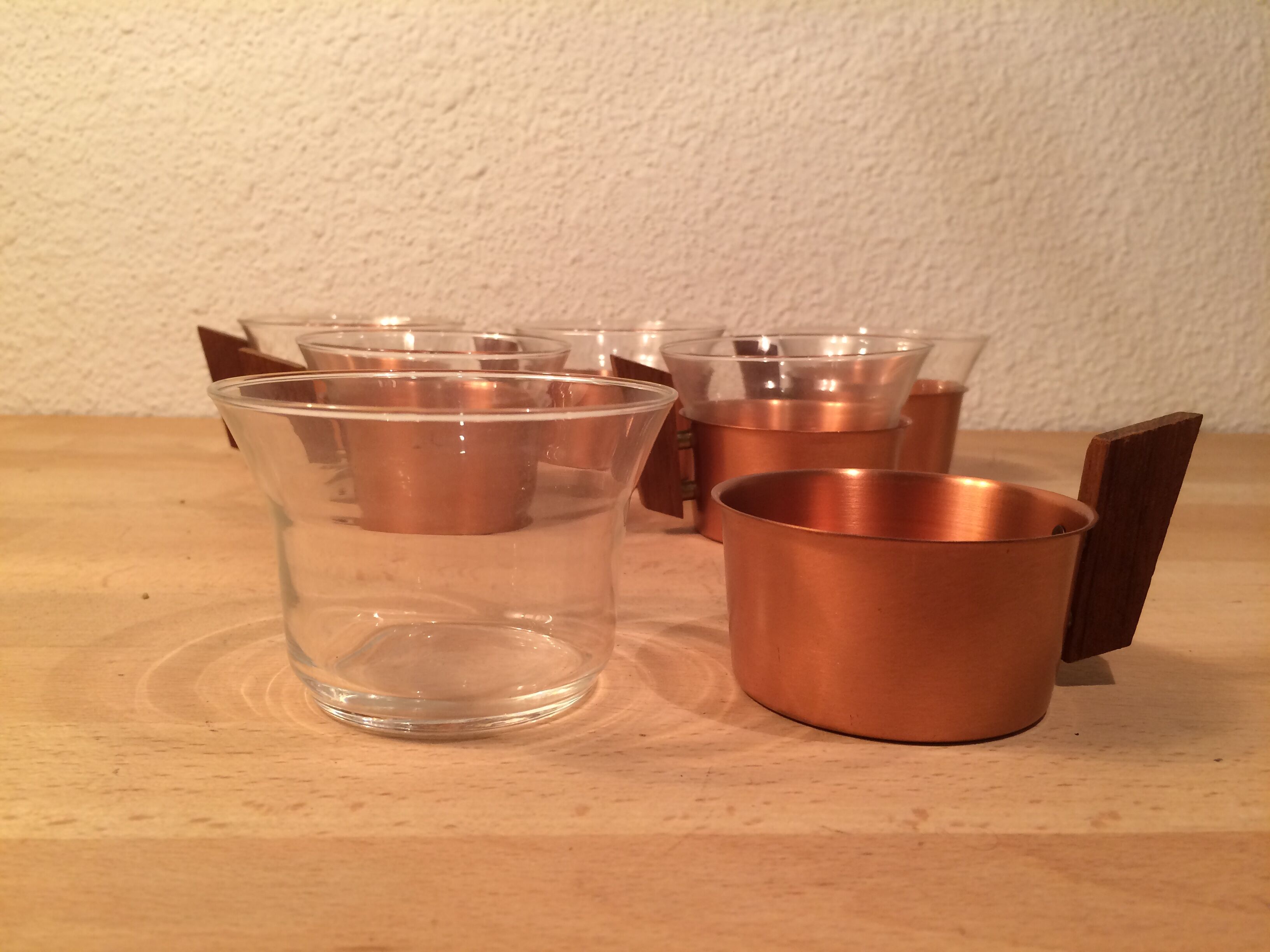 6 Scandinavian cups copper and teak Schott & Gen glass 70's