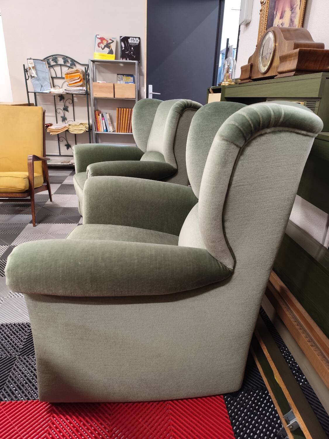 Vintage armchair in light green fabric from the 70s
