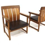 Set de 2 tables de fauteuils en cuir et en chêne, Ferdinand Lundqvist, Suède, 1960