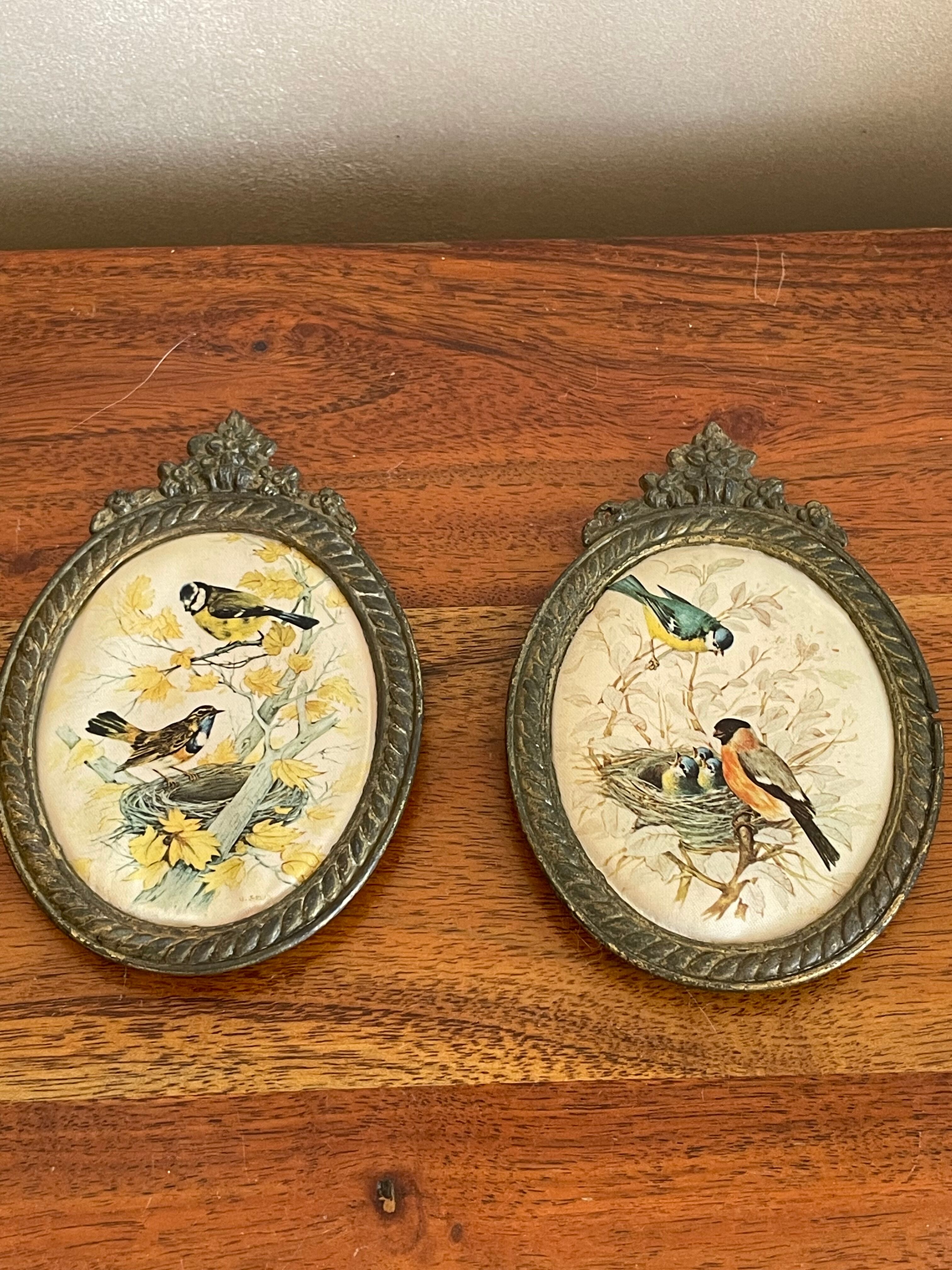 2 oval frames birds on silk