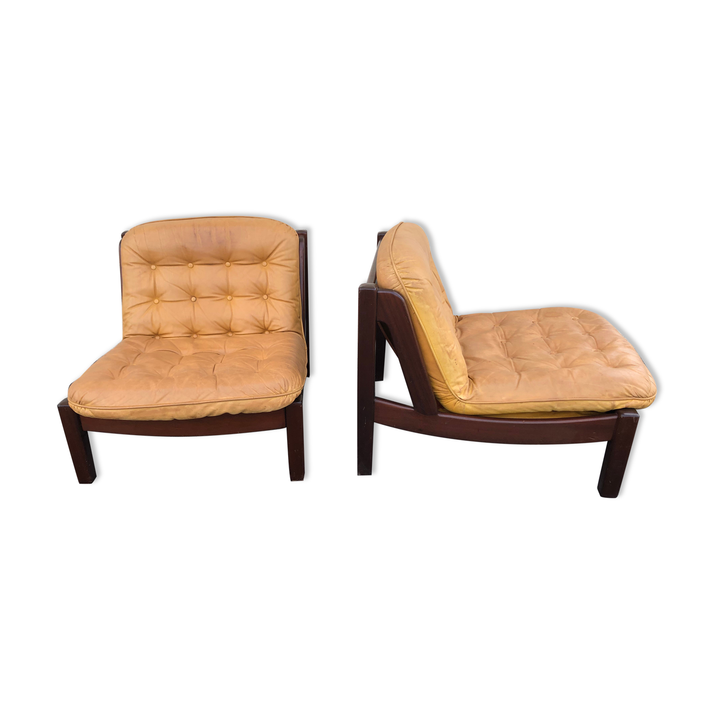 Leather and wood armchairs 70s