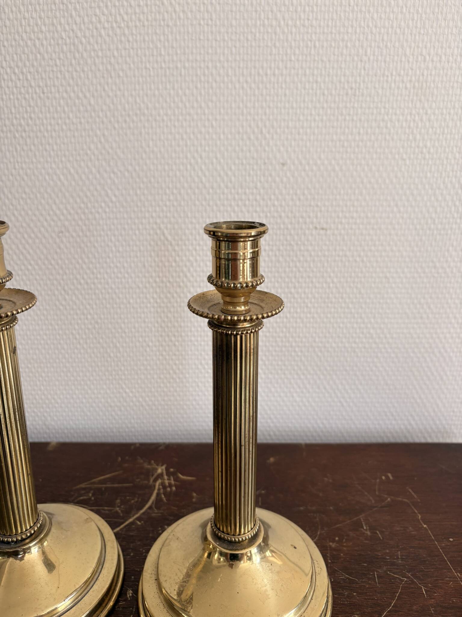 Antique Pair of Gilded Brass Candle Holders Empire Column Louis XVI Villedieu