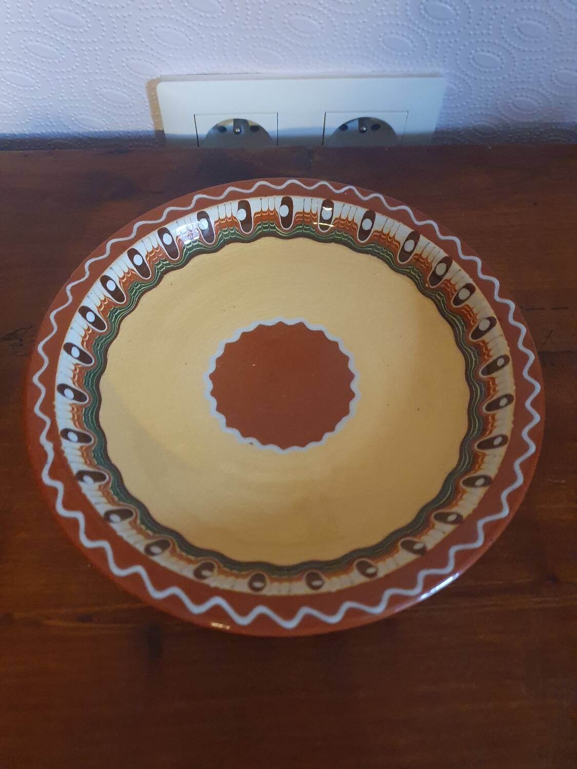 Salt pepper vinegar condiment service in vintage Bulgarian enameled pottery