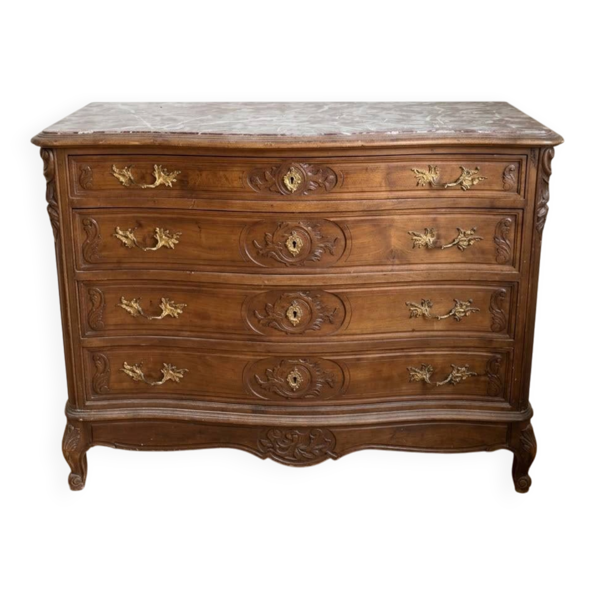 Antique Louis XV style commode in solid wood and marble.