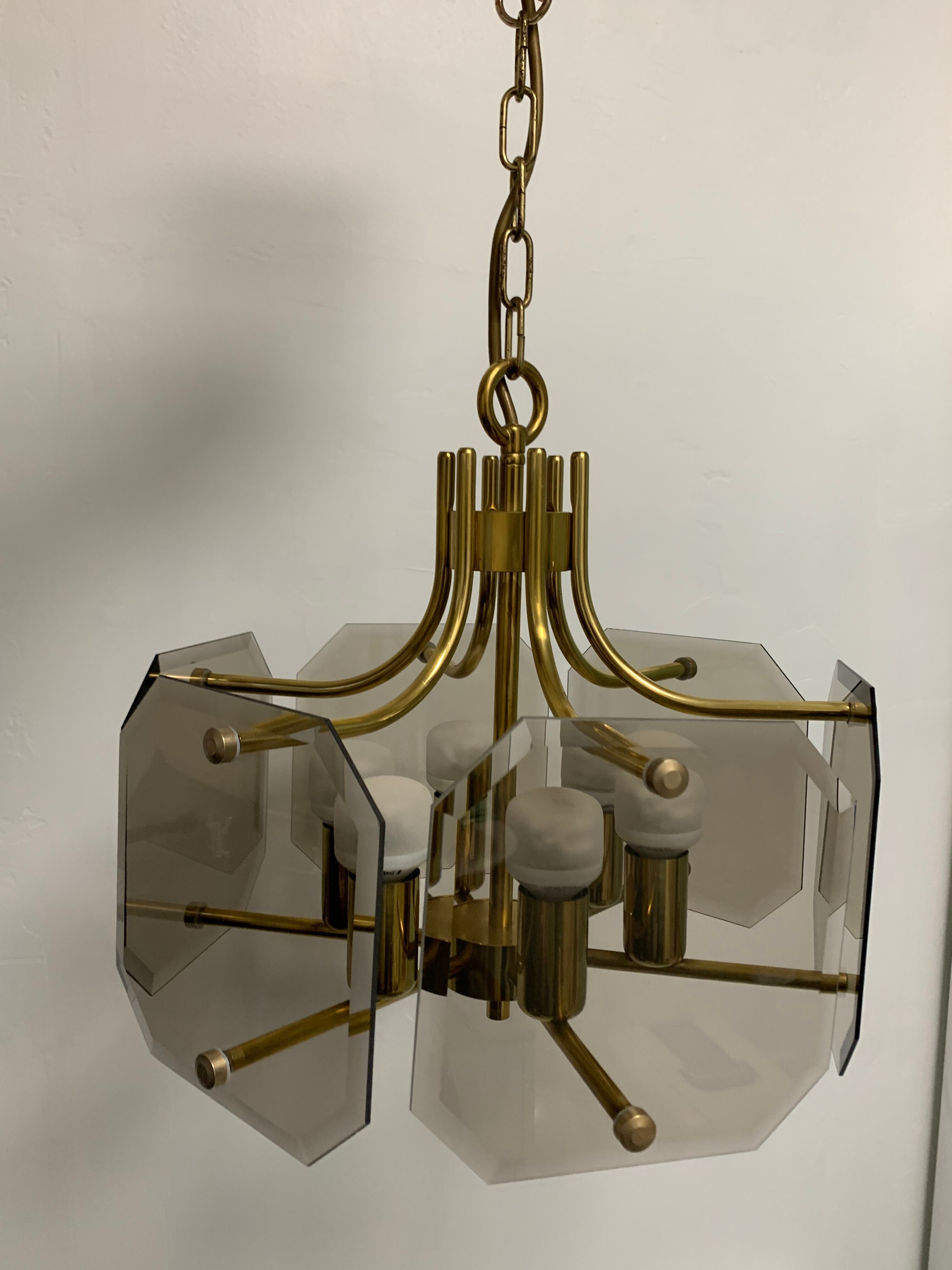 Luigi Colani chandelier Sische edition smoked glass and brass