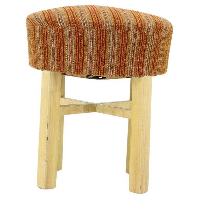 1960s Czechoslovakian Mid-Century Round Tabouret Stool in Striped Fabric
