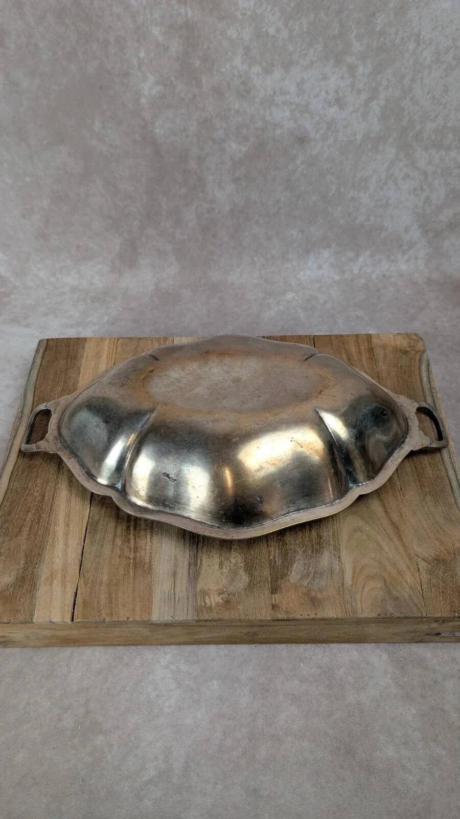 Antique oval silver-plated copper tray with handles.