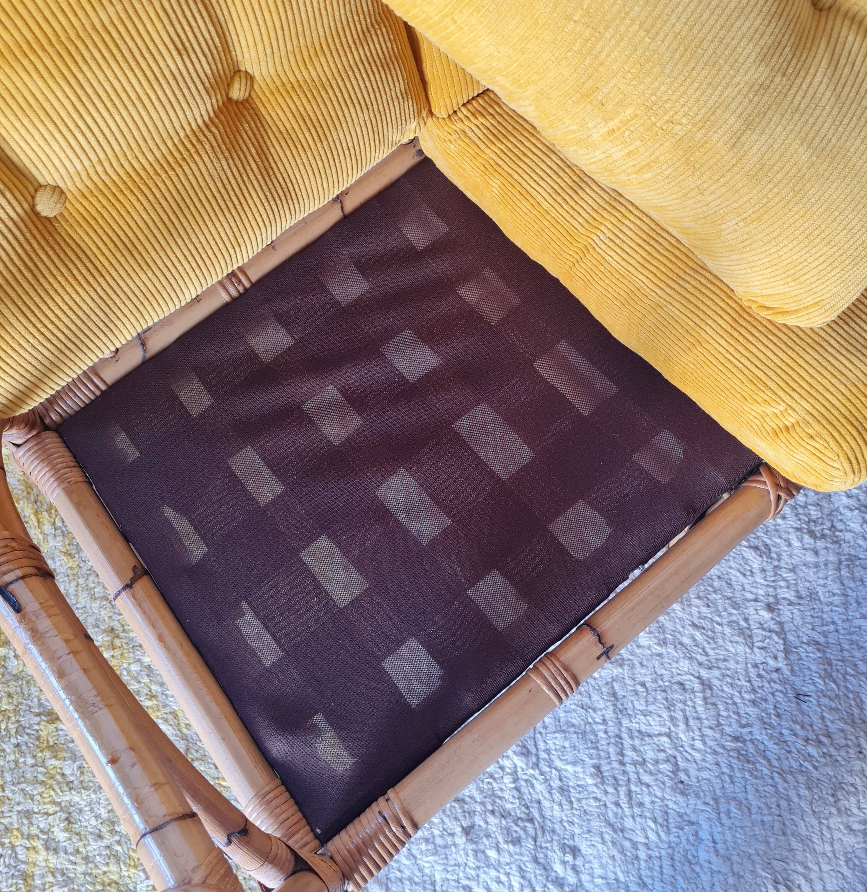 1960s rattan bench - yellow velvet