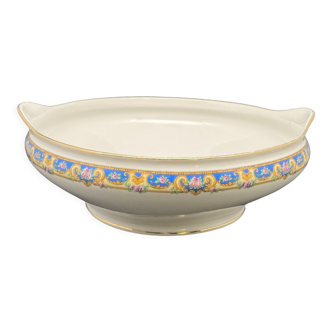 Plat rond creux avec petits anses en porcelaine Limoges Marine et petites roses -MMF23