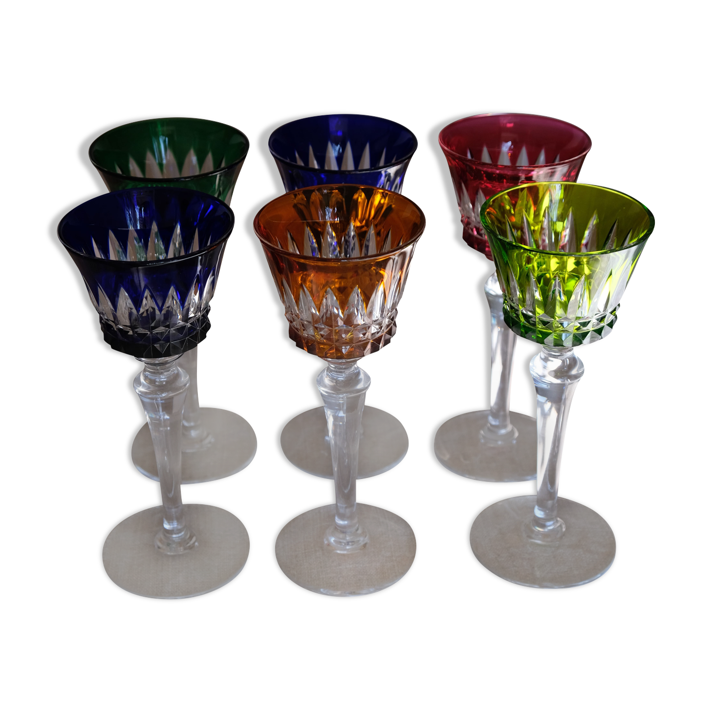 6 Baccarat glasses Piccadilly Model in colored crystal