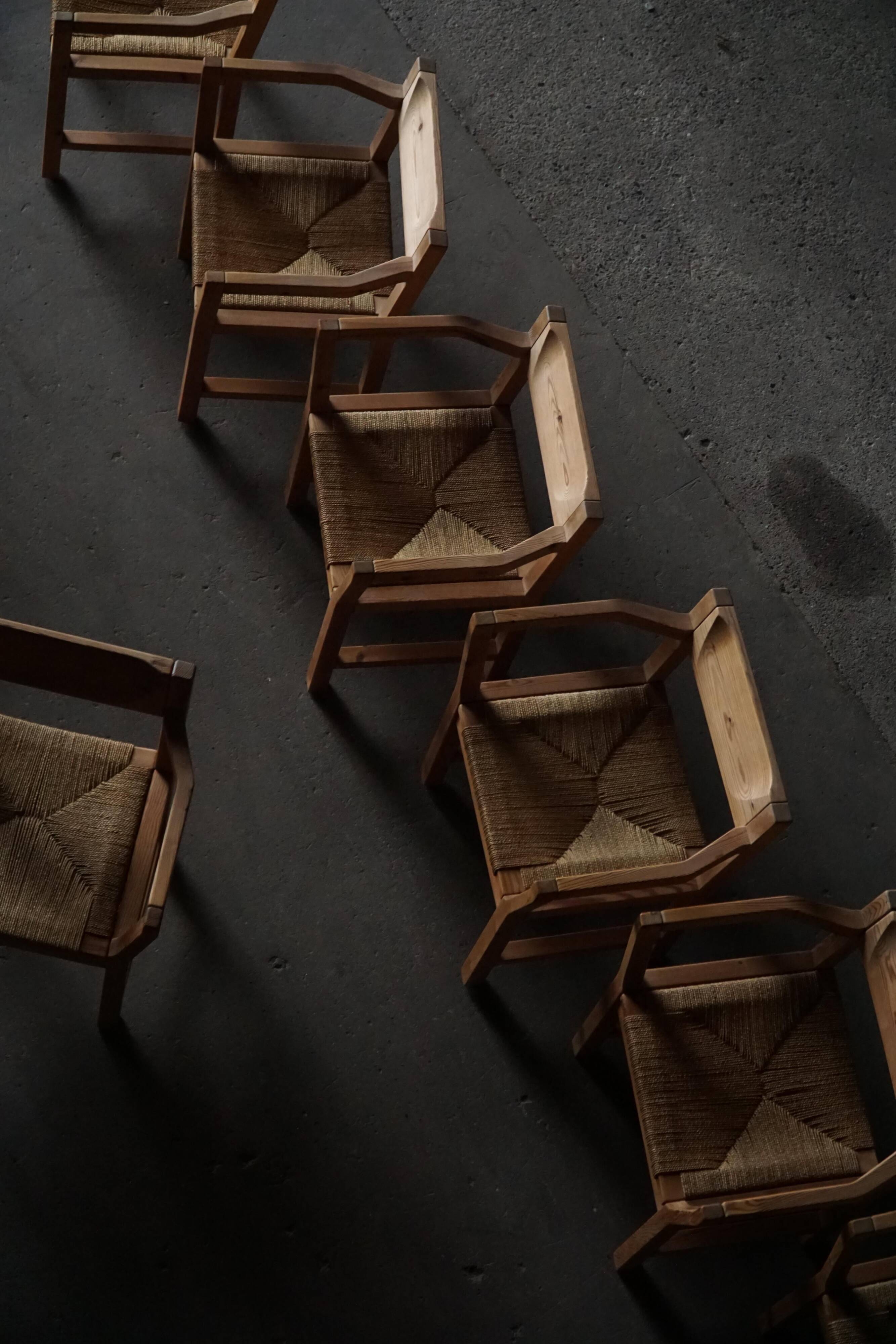 Set of 8 Danish dining chairs in pine and woven paper cord, Tage Poulsen, 1970s.