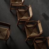 Set of 8 Danish dining chairs in pine and woven paper cord, Tage Poulsen, 1970s.