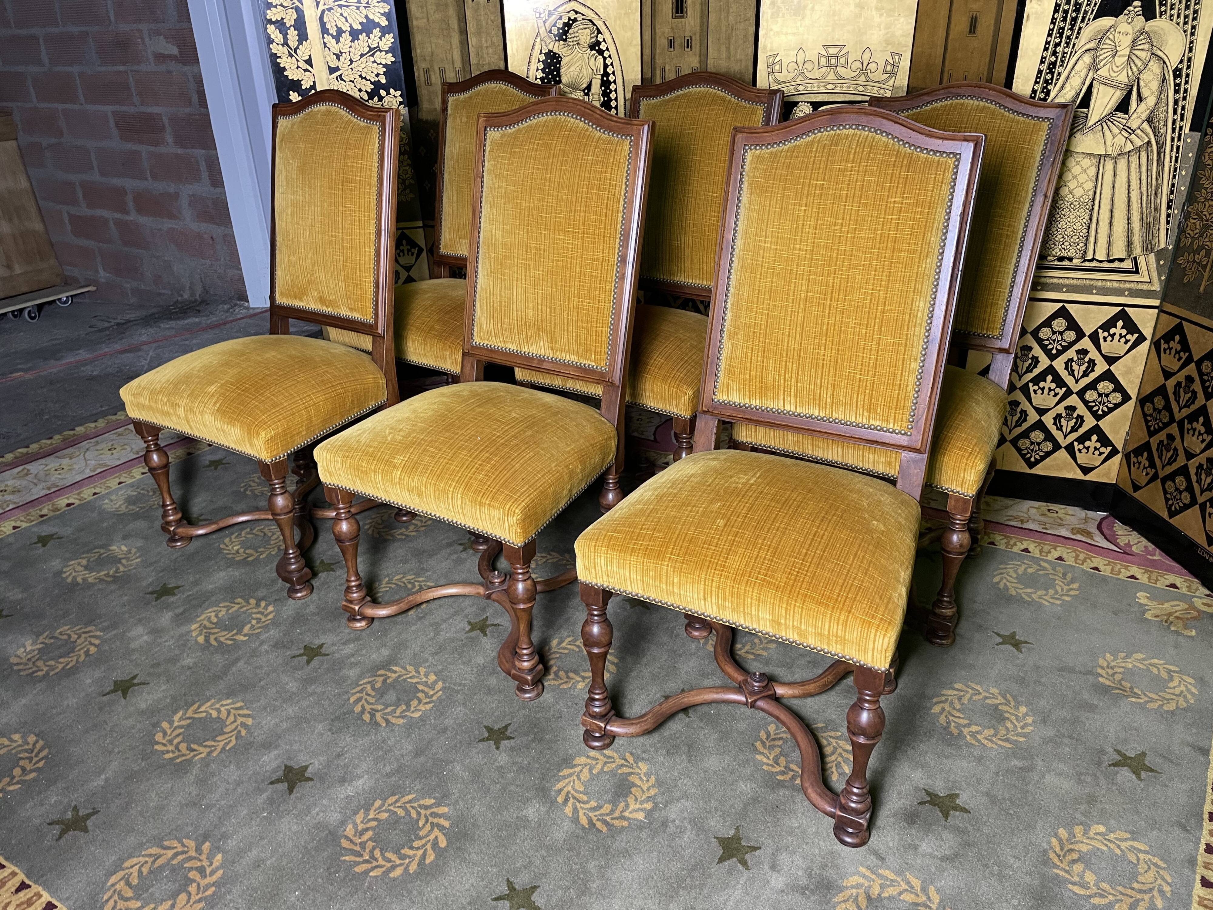 Suite of 6 chairs walnut and yellow velvet louis XIV style