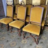 Suite of 6 chairs walnut and yellow velvet louis XIV style