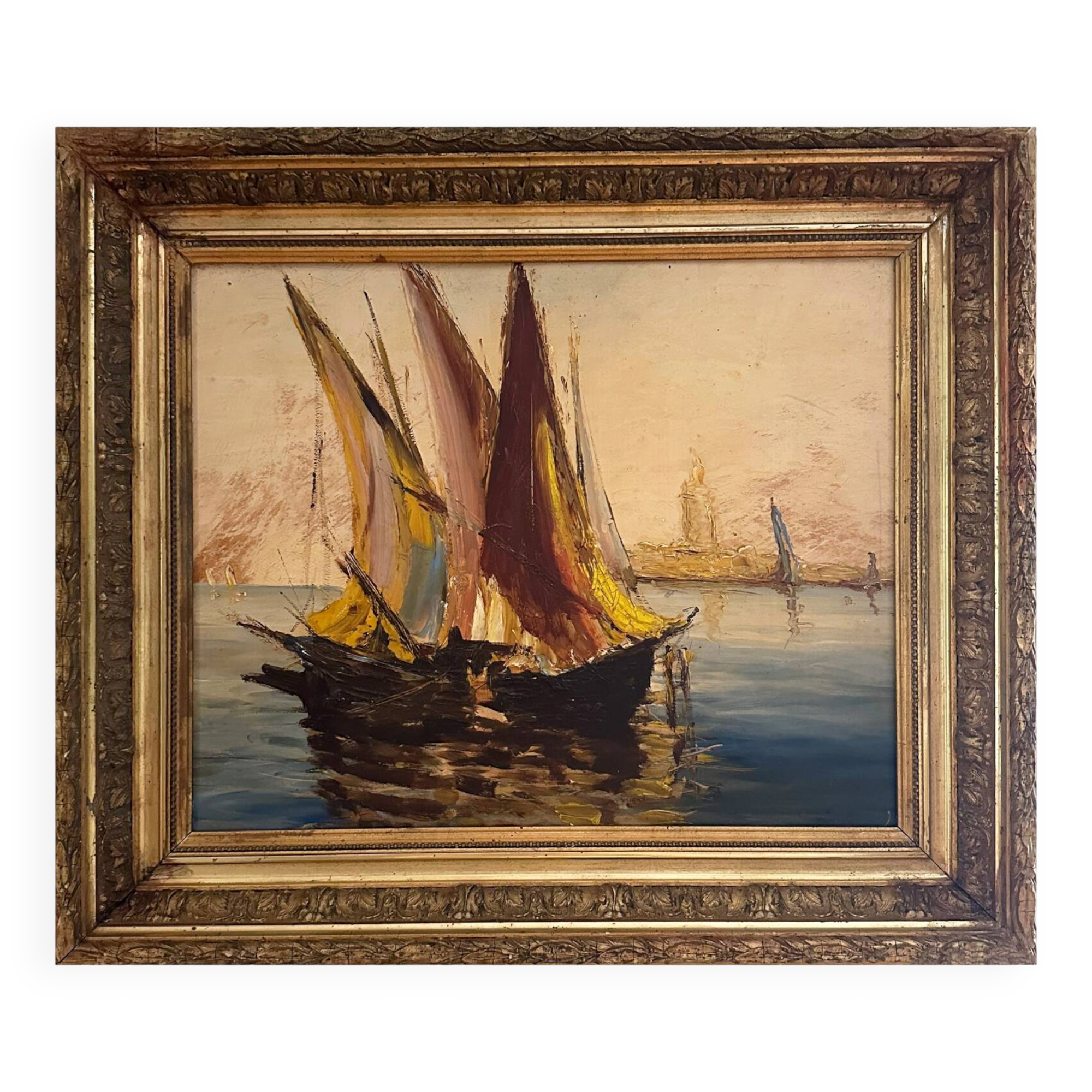 Very old painting of a Mediterranean port.