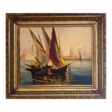 Very old painting of a Mediterranean port.