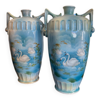 Pair of art nouveau vases with lake decor