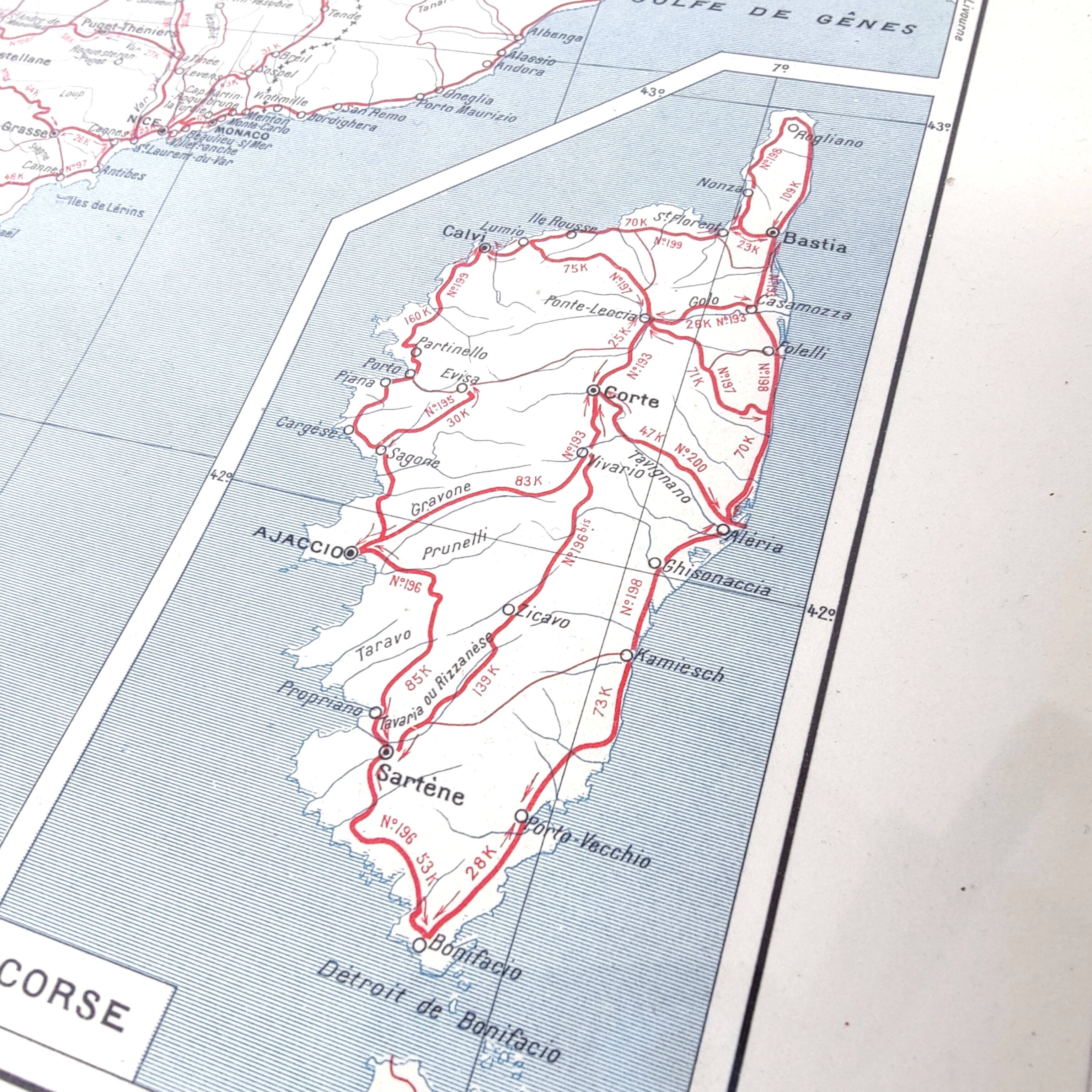 Old map of Corsica and southern Mediterranean France 43x43cm from 1950