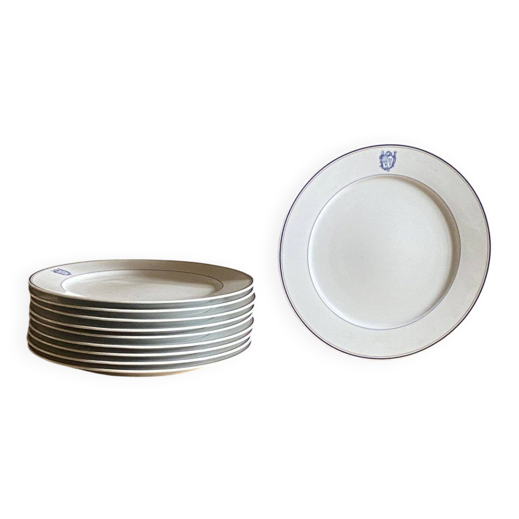 Set of 11 large flat plates – White porcelain with blue rim – Pillivuyt, 31 cm