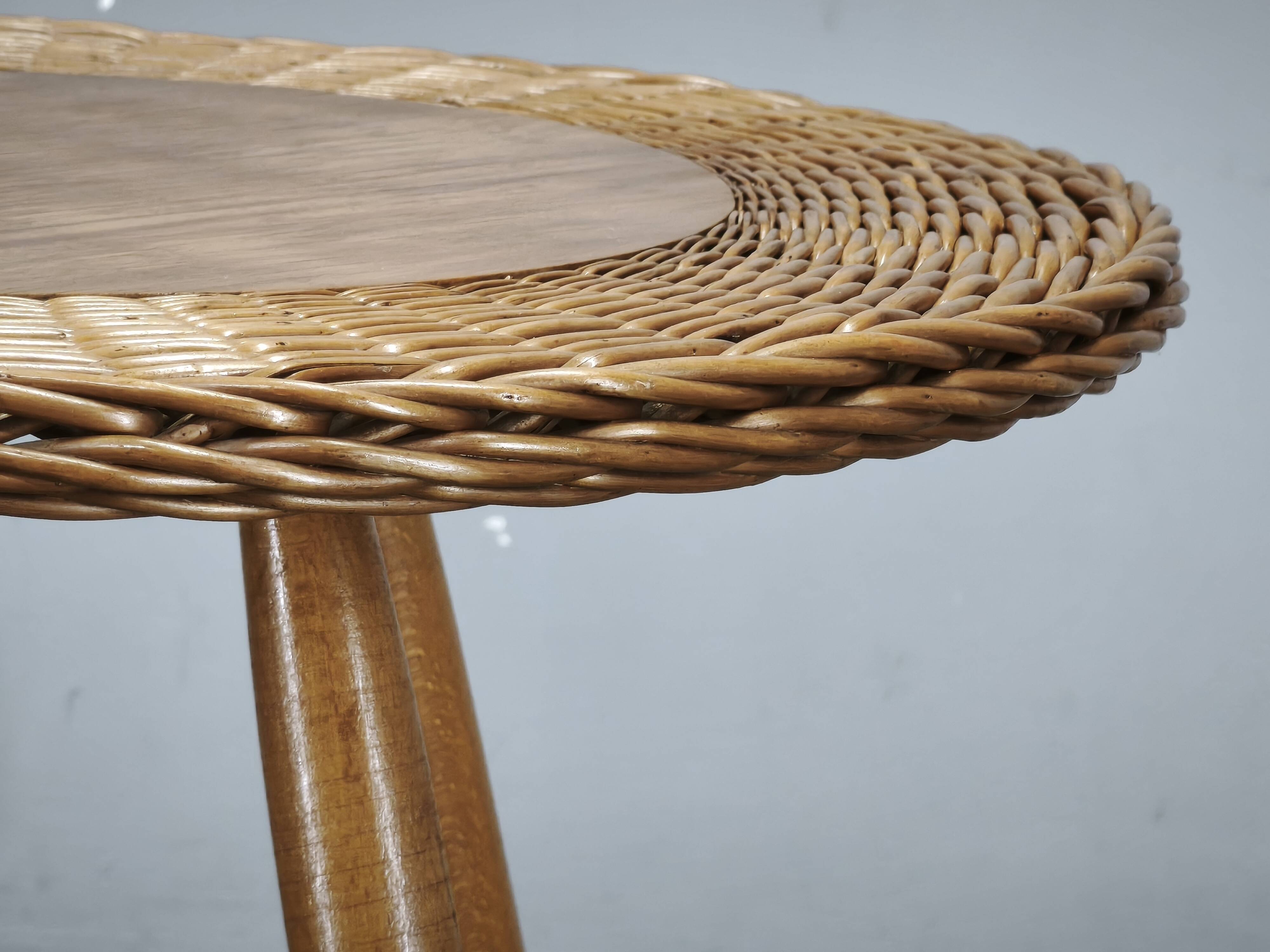 Jan Kalous Rattan and Beech Side Table, Czechoslovakia, 1970s