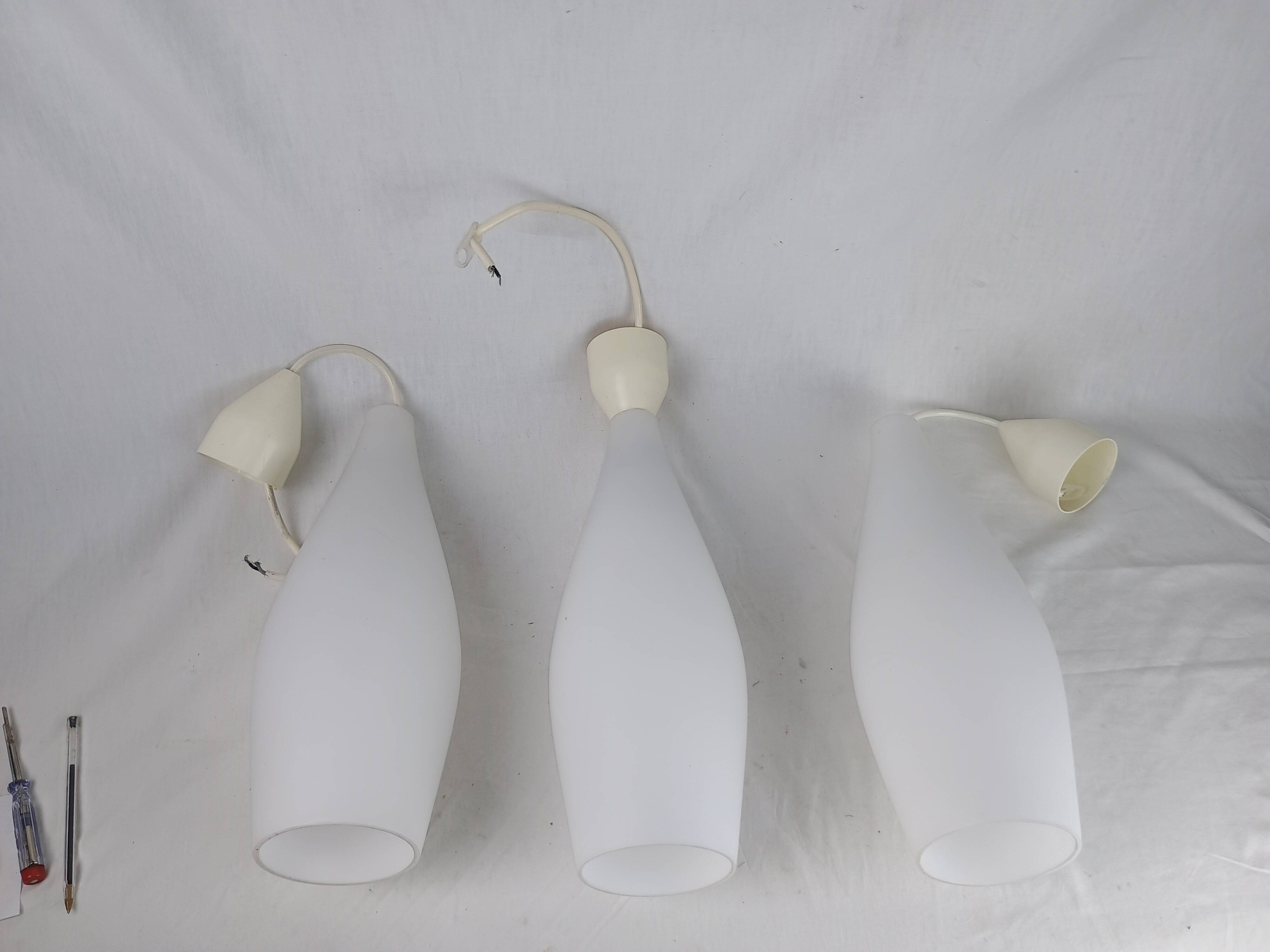 Superb set of three Holmegaard white opaline glass pendant lights