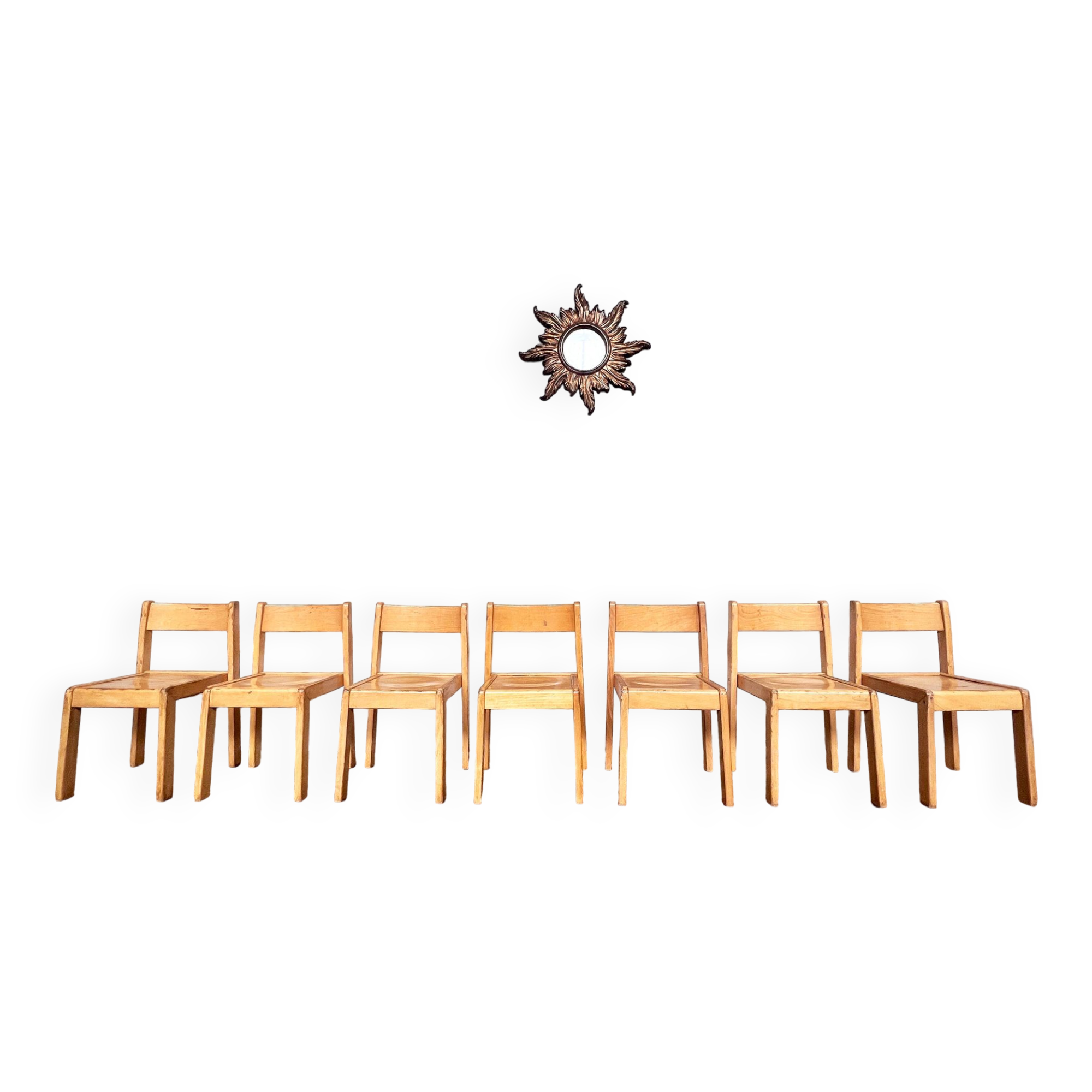 Series of 7 vintage Scandinavian bohemian wooden children's chairs