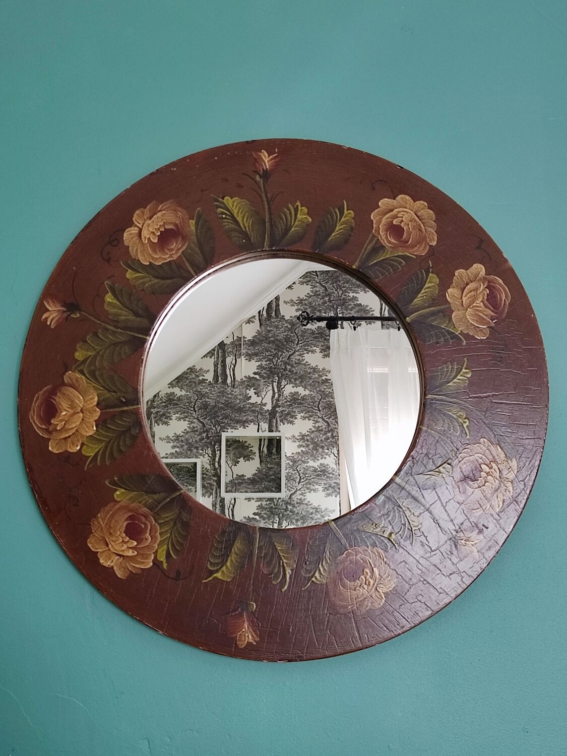 Vintage hand painted wooden round wall mirror