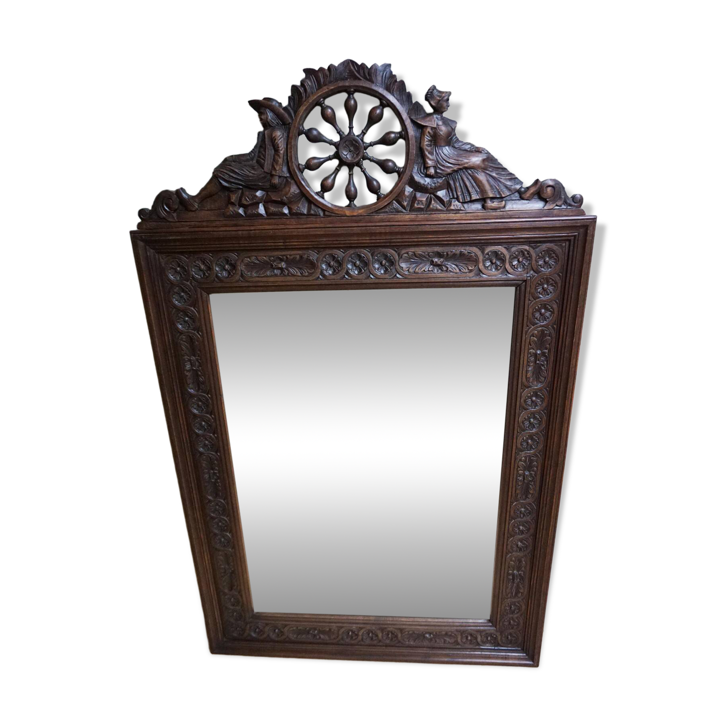 Breton Wall Mirror in Carved Oak, France, 1900s