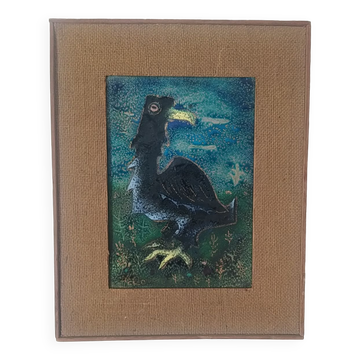 Tableau émaux sur cuivre oiseau années 1950/60
