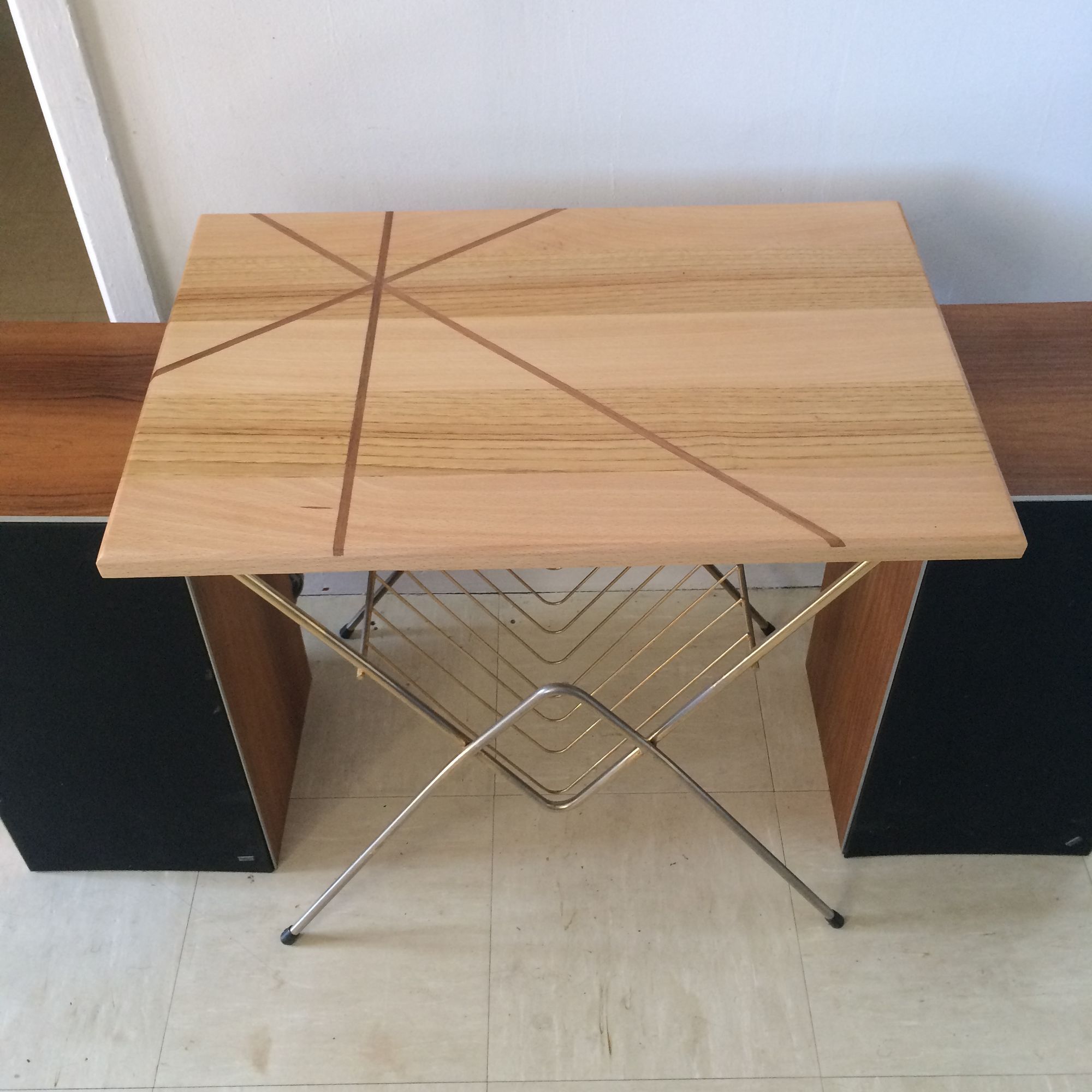 Vintage gilded metal side table with magazines/vinyl records and original wooden top