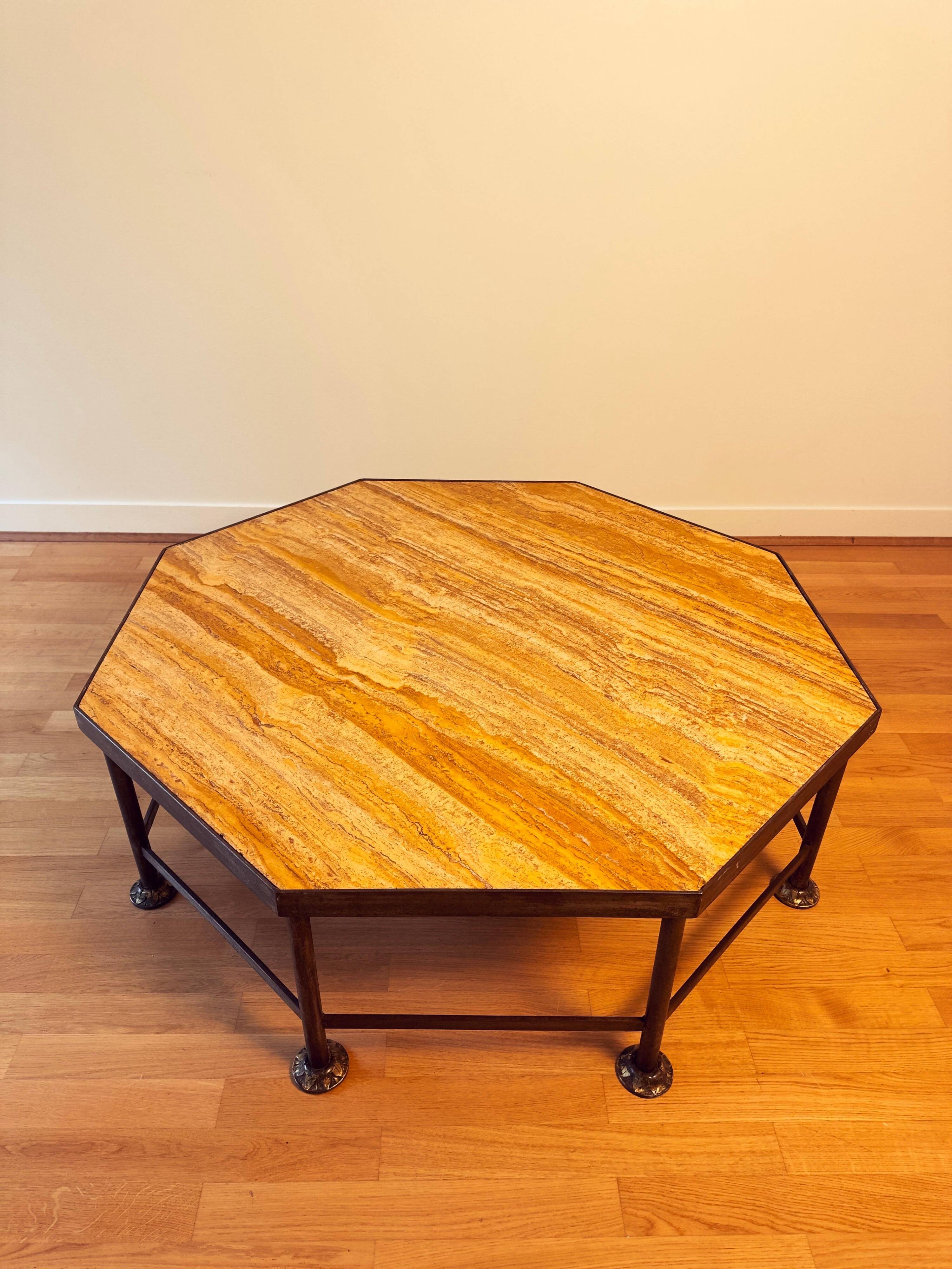 French Octagonal Travertine Coffee Table in the Style of Maison Jansen, 1960s