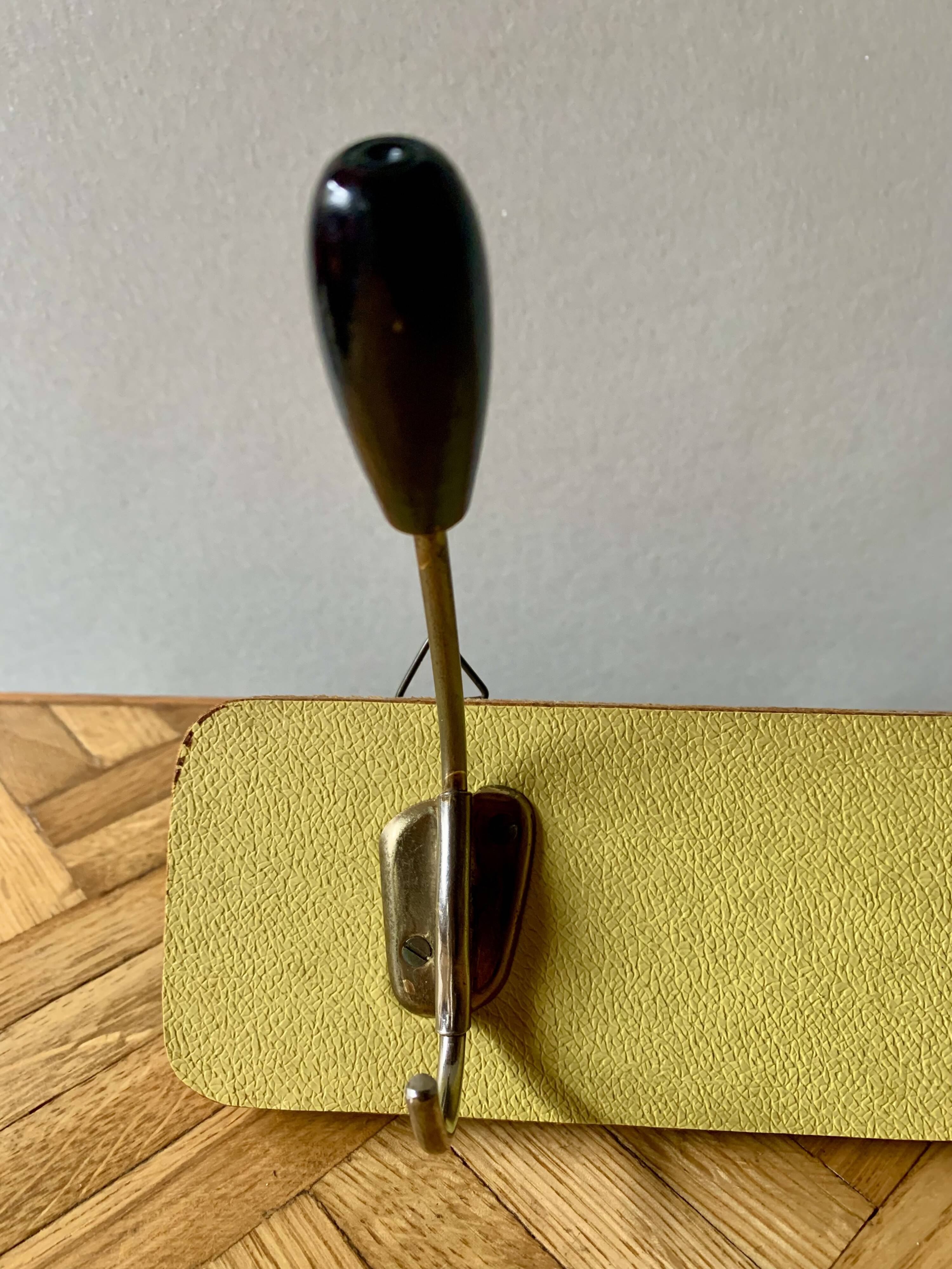 Vintage yellow wall coat rack - four hooks - 1950s