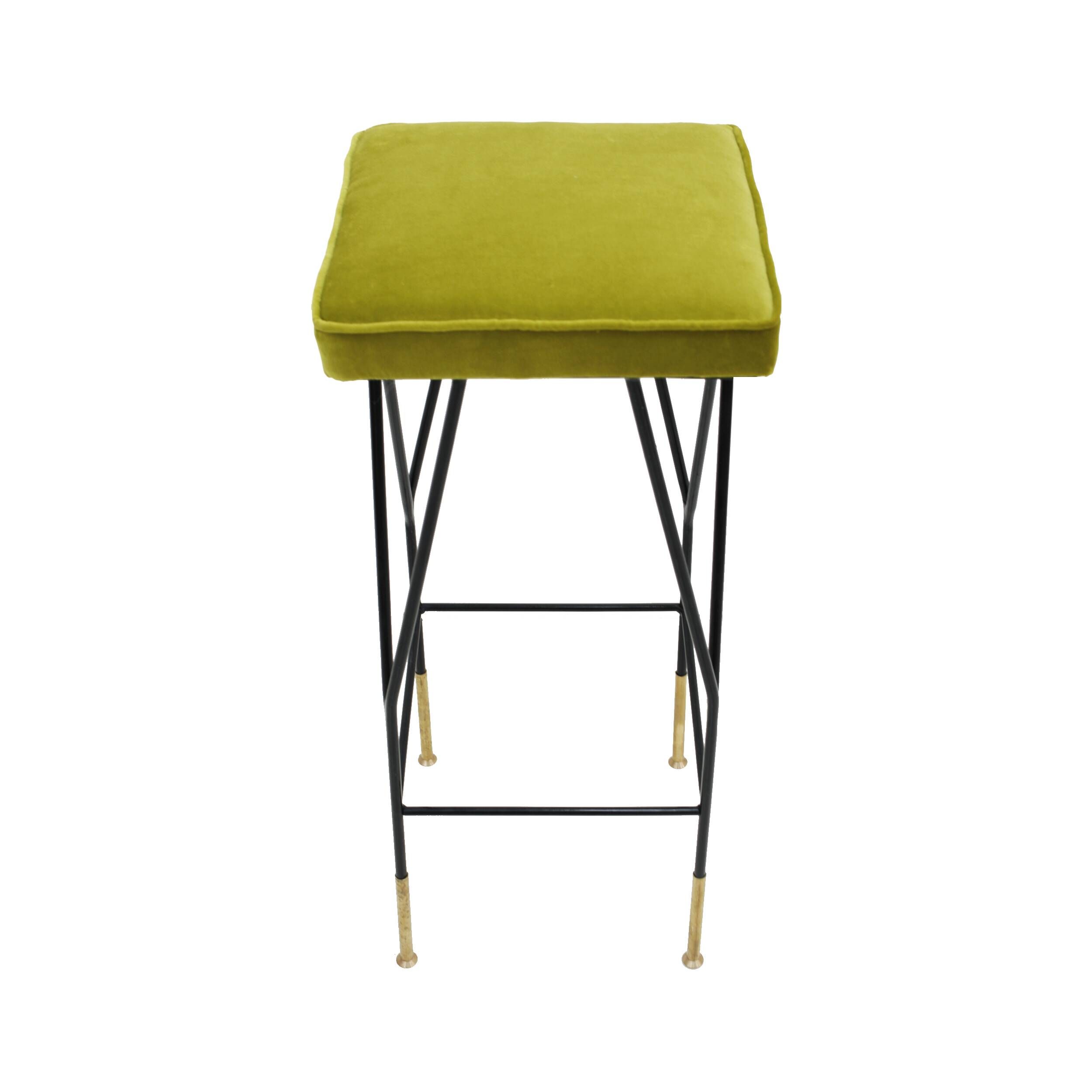Italian Mid-Century Modern Square Black Lacquered Iron Lime Cotton Stools