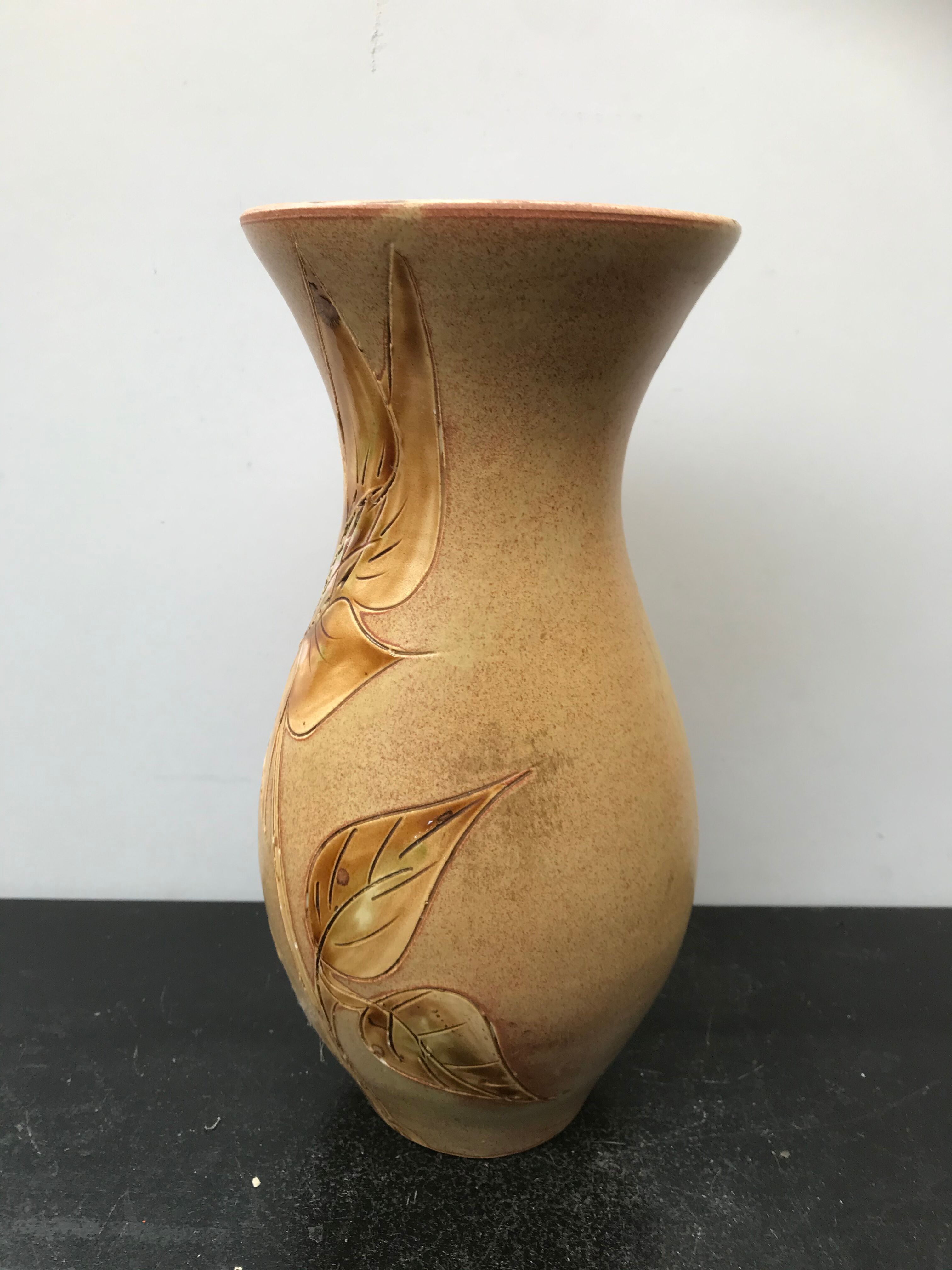 Old vase Vallauris ceramics beige decor vintage chiseled flowers