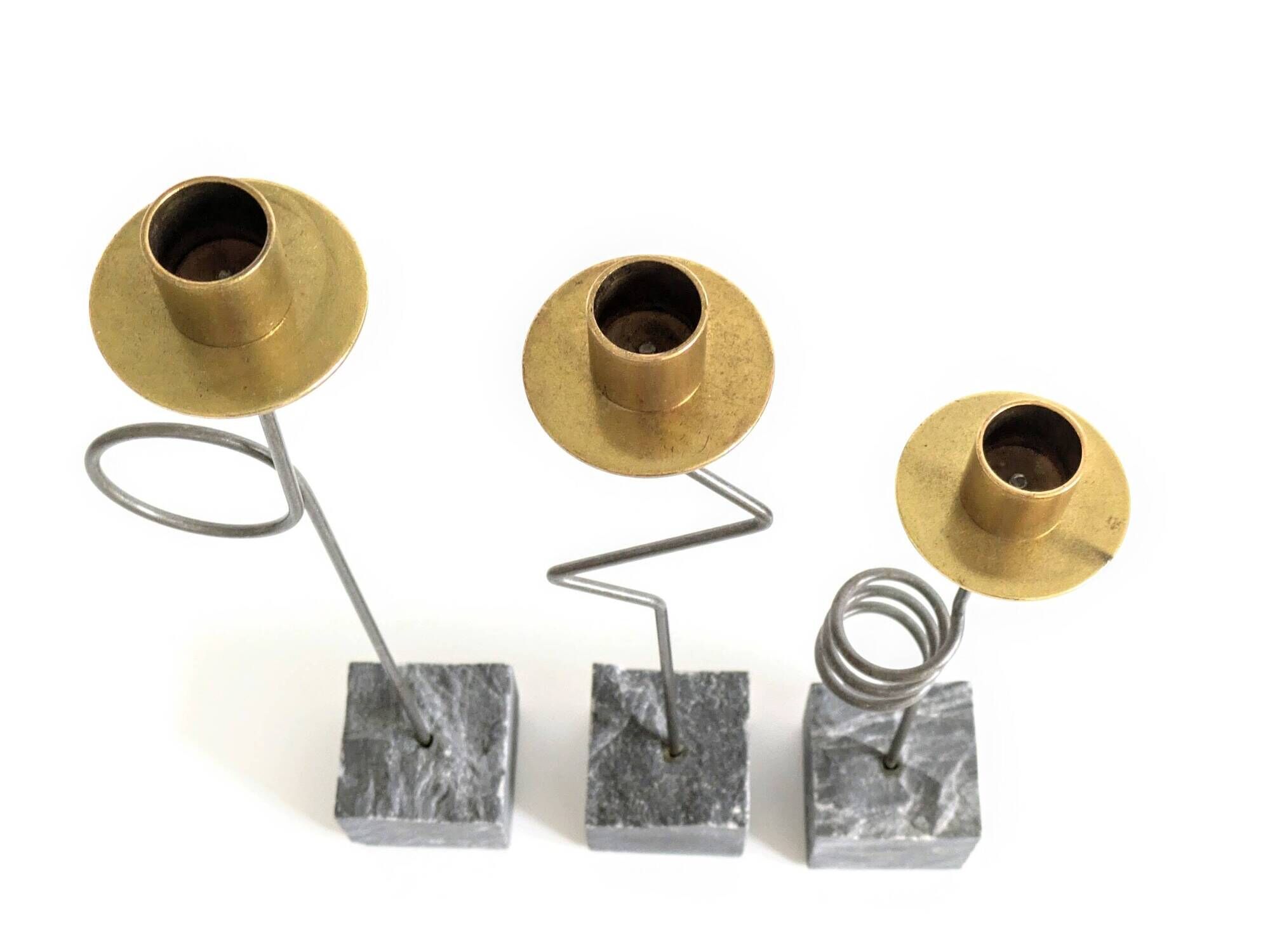 Set of 3 candlesticks | IKEA “Kräsen” from the 1980s | Steel, Brass, Granite