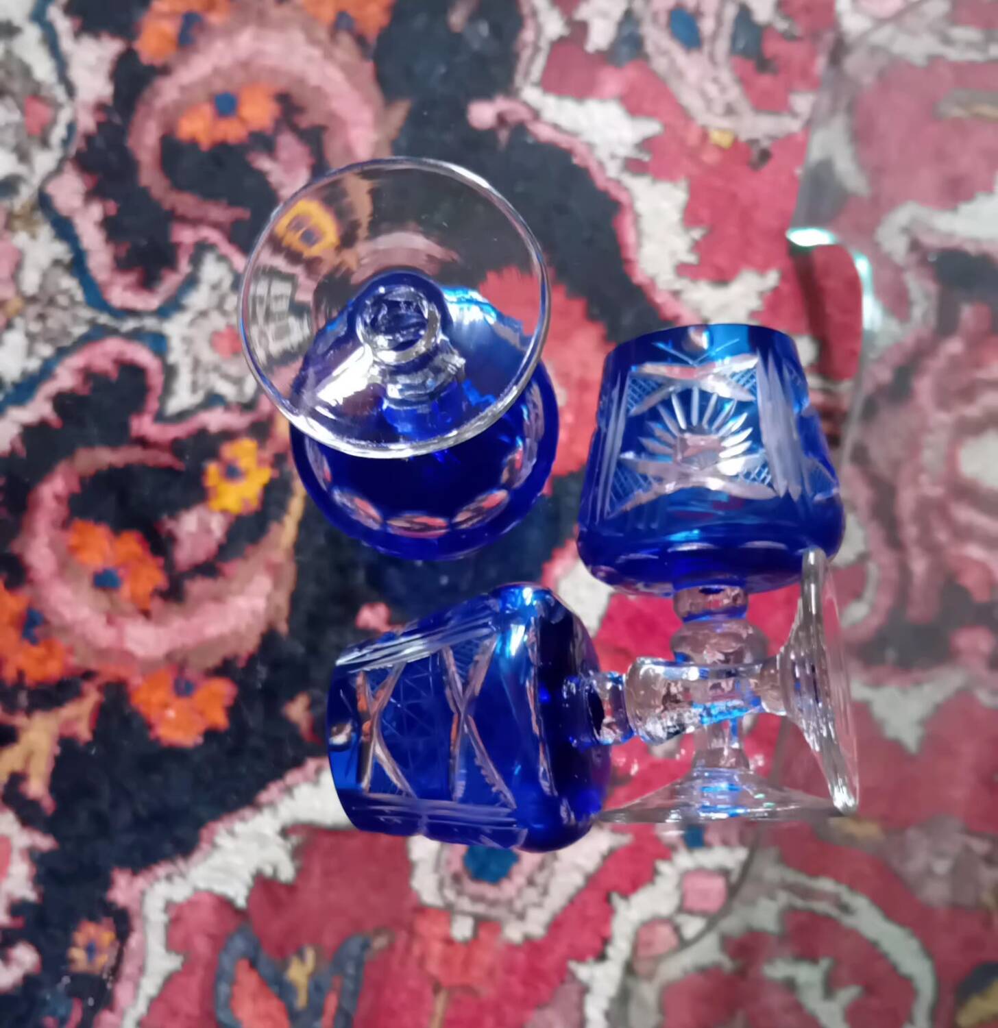 Bohemian blue crystal liqueur glasses