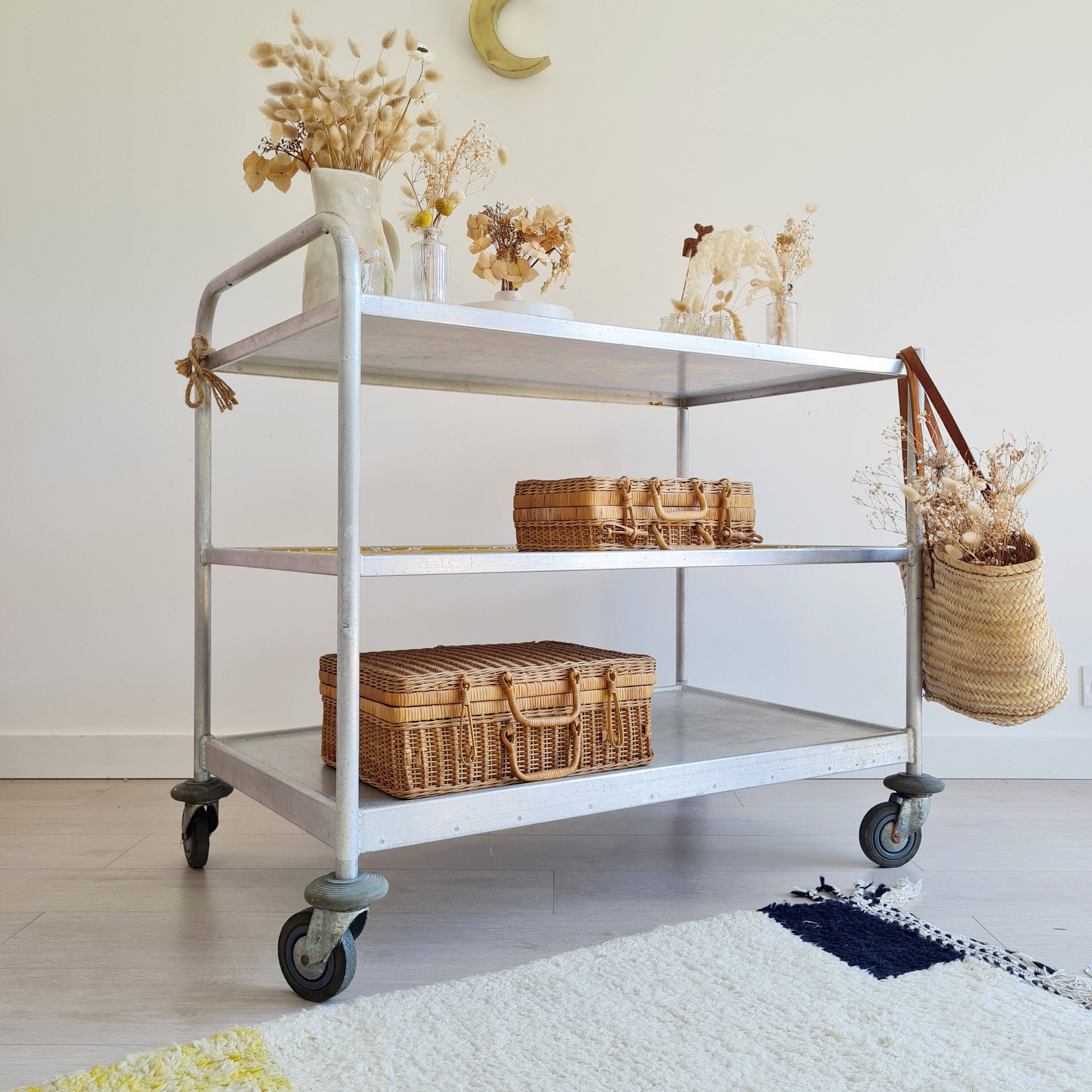 Industrial trolley - Chrome serving cart with floral trays