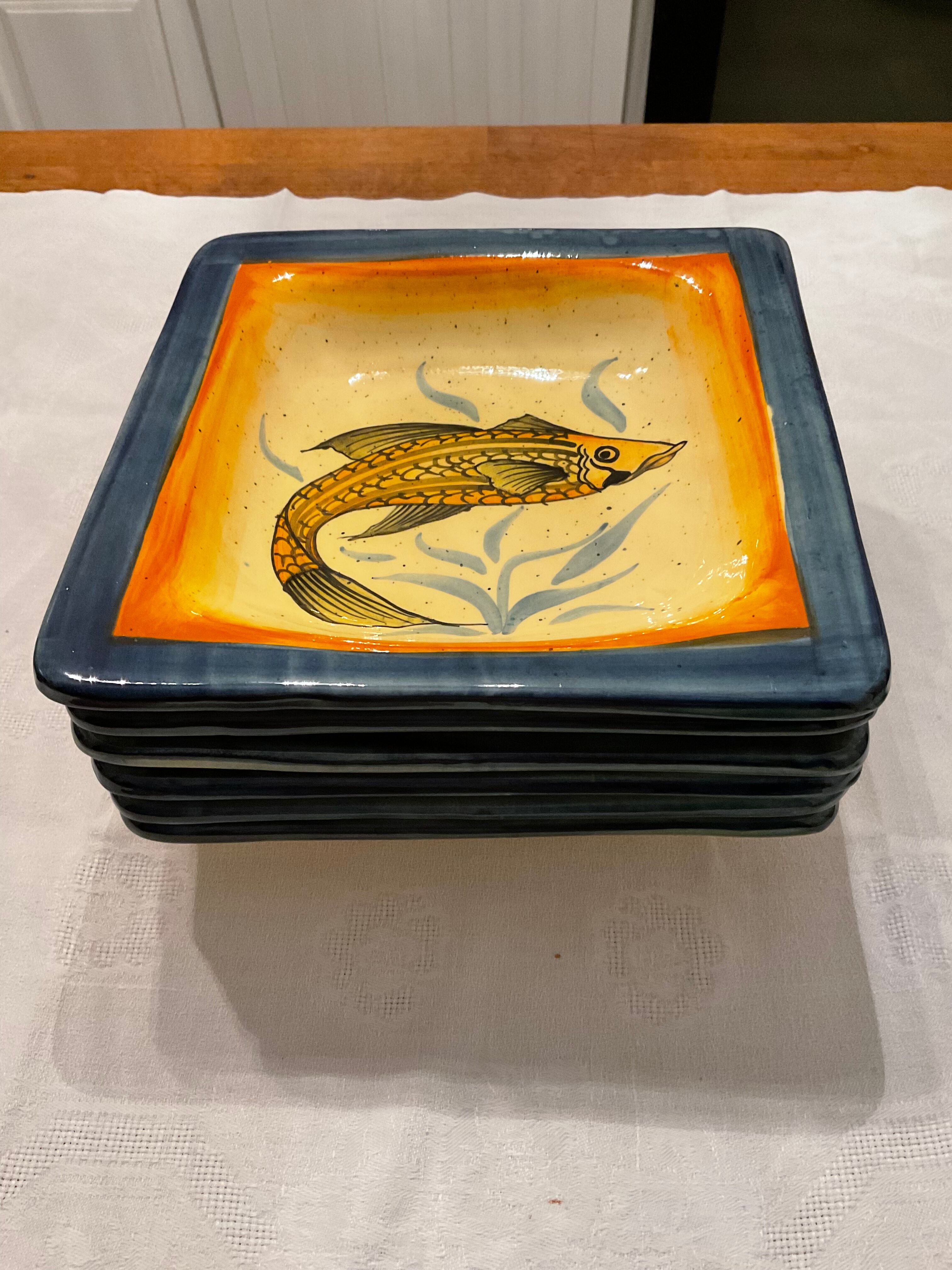 Set 6 hollow plates, glazed terracotta, France