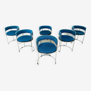 Ensemble de 6 chaises à repas en fil chromé et tissu bleu, 1970