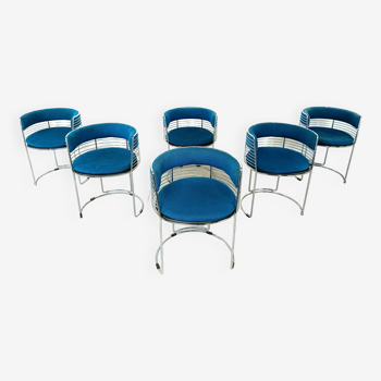 Set of 6 chrome wire and blue fabric dining chairs, 1970s