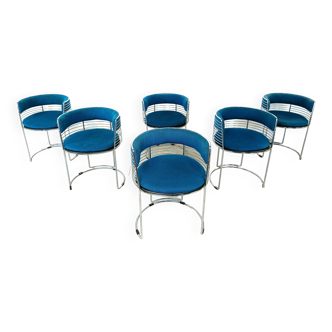 Ensemble de 6 chaises à repas en fil chromé et tissu bleu, 1970