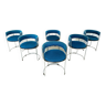 Ensemble de 6 chaises à repas en fil chromé et tissu bleu, 1970