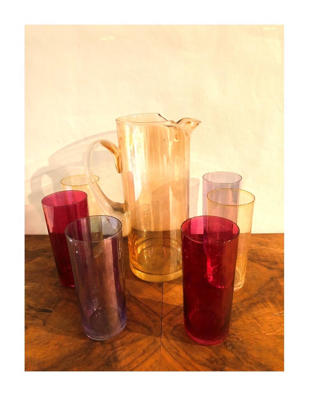 Vintage colored carafe and glasses