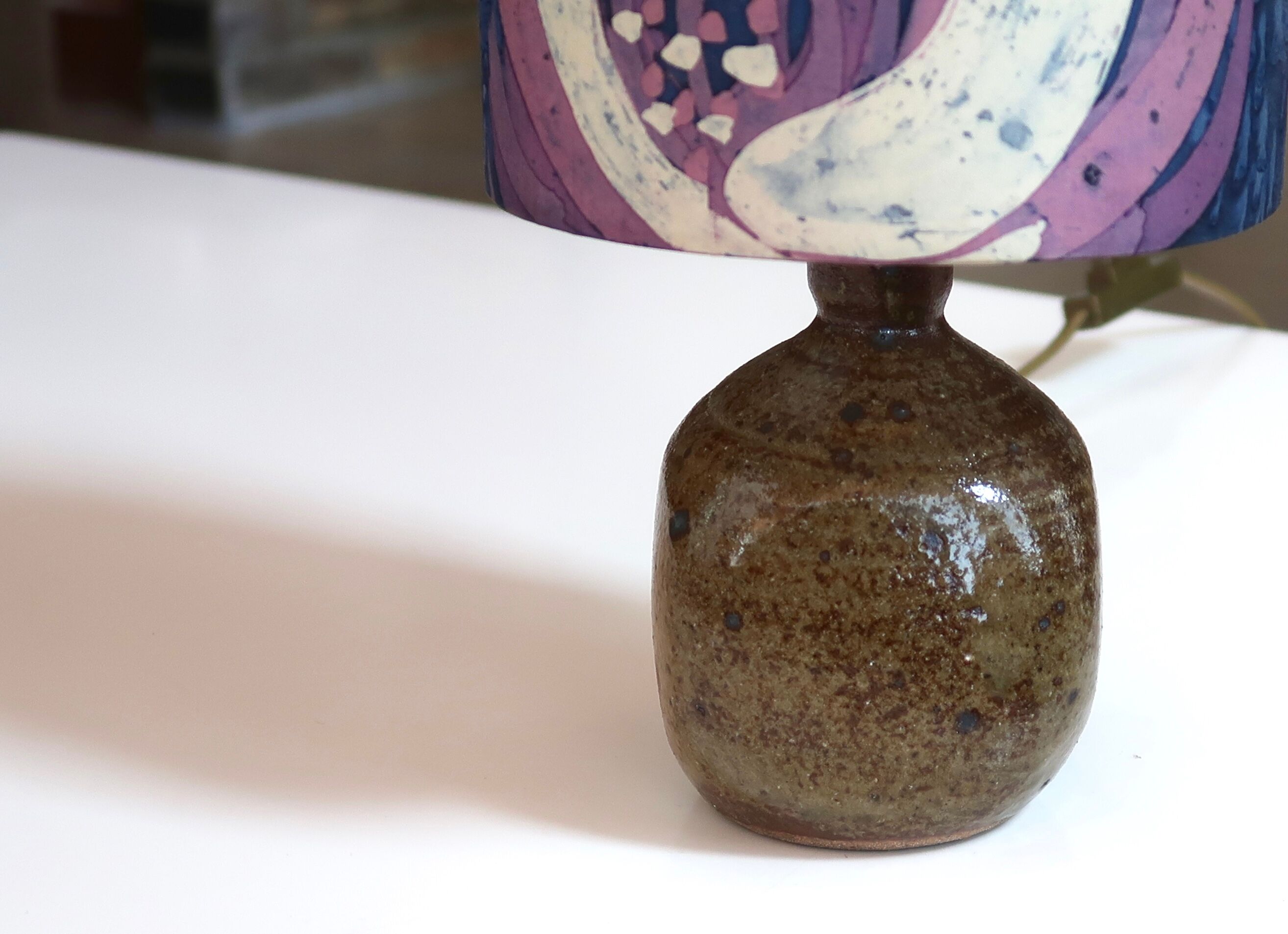 Stoneware lamp, purple fabric lampshade, 60s