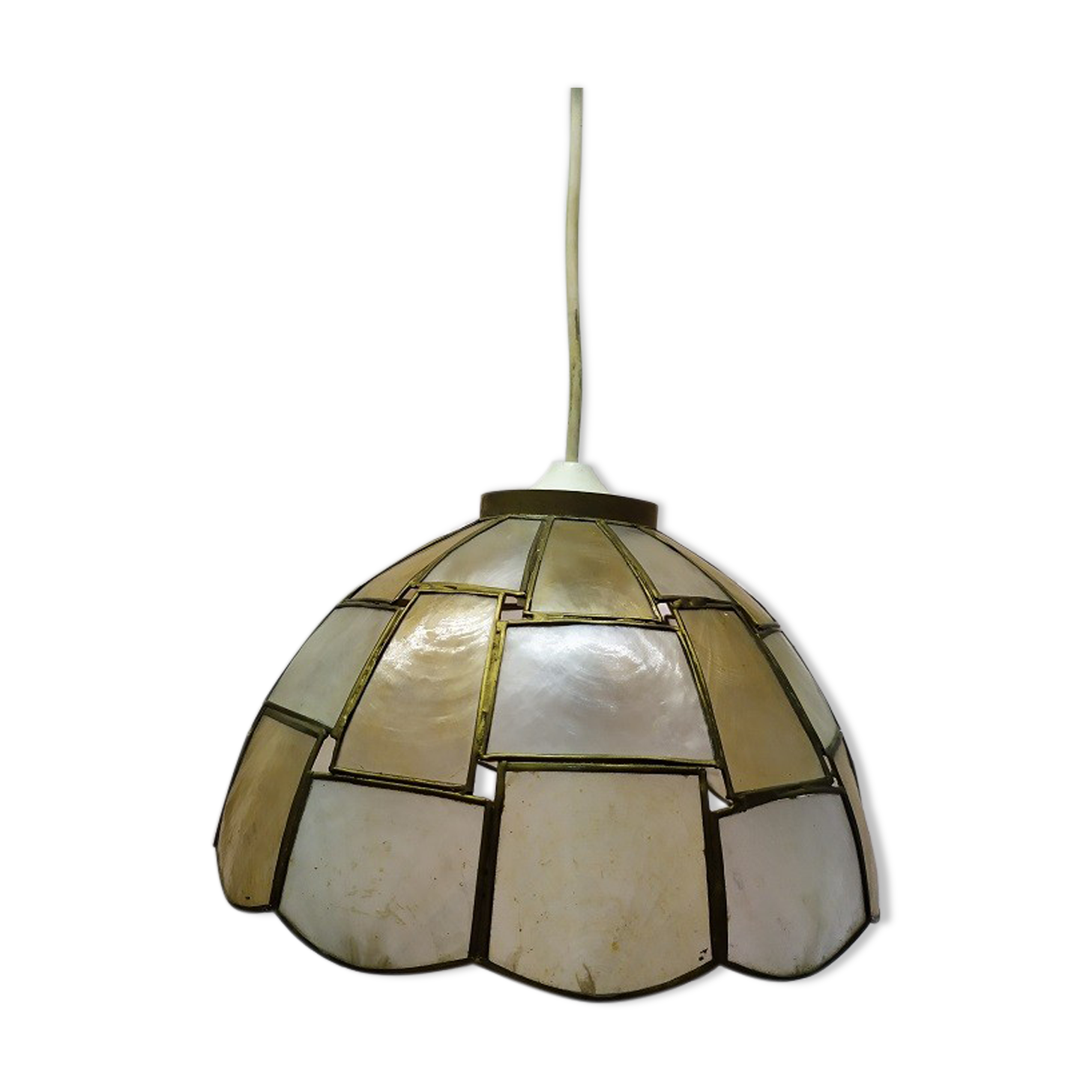 Suspension lampshade lightening mother-of-pearl checkered checkered antique vintage brass 26 cm