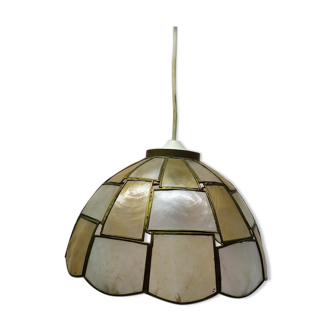Suspension lampshade lightening mother-of-pearl checkered checkered antique vintage brass 26 cm