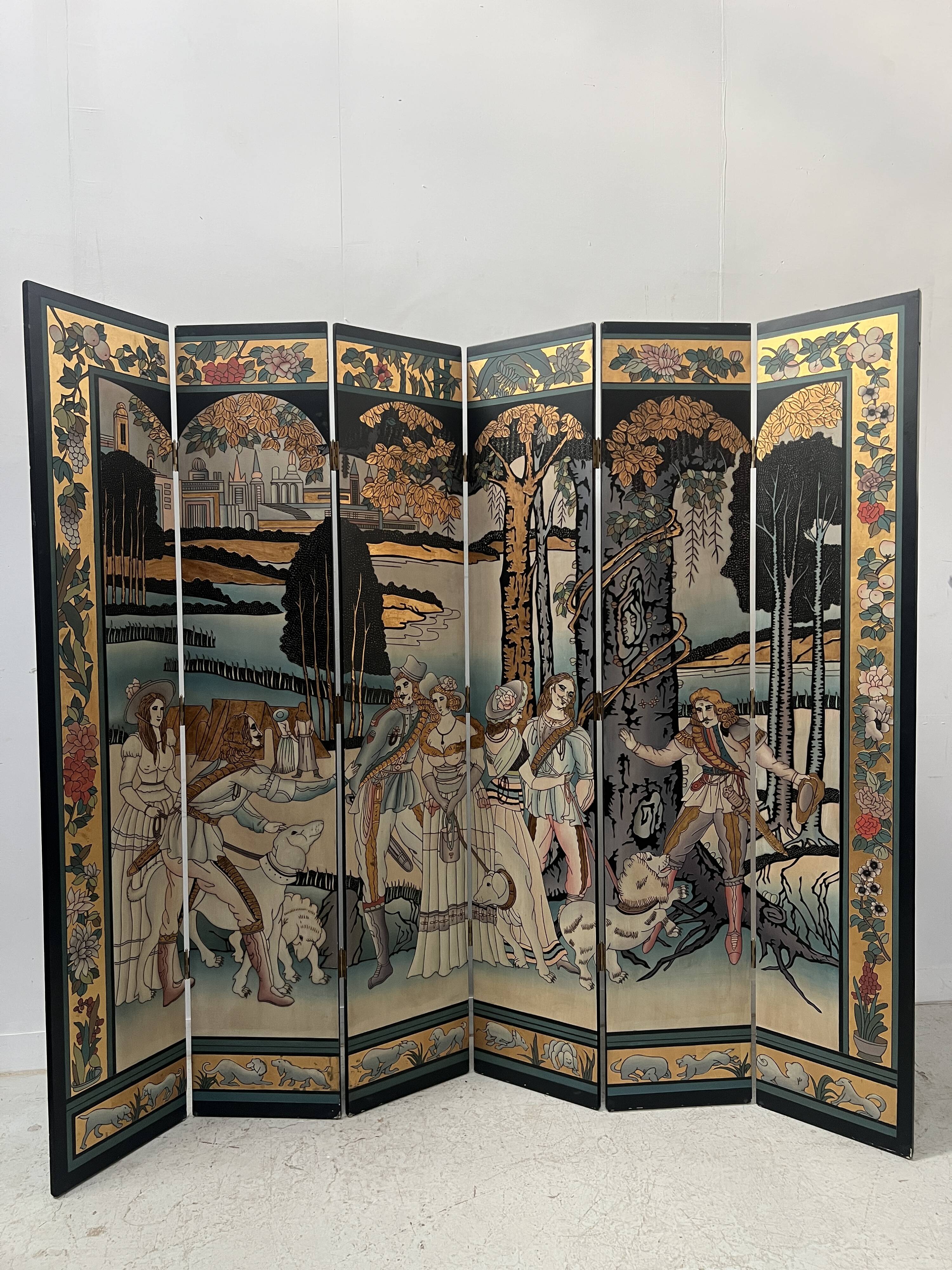 Six-panel painted screen, 20th century