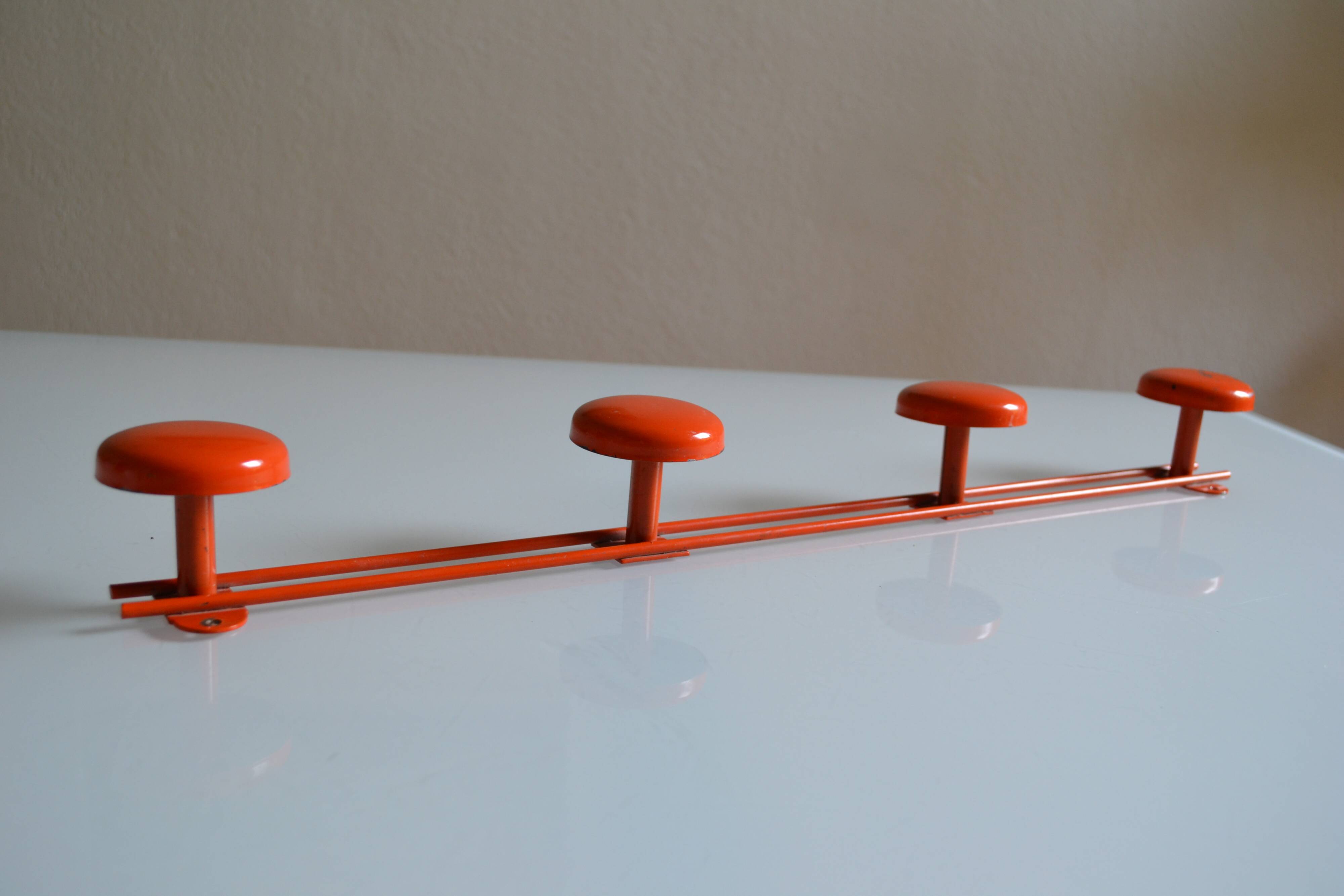 Vintage 70s orange lacquered metal 4-hook wall coat rack