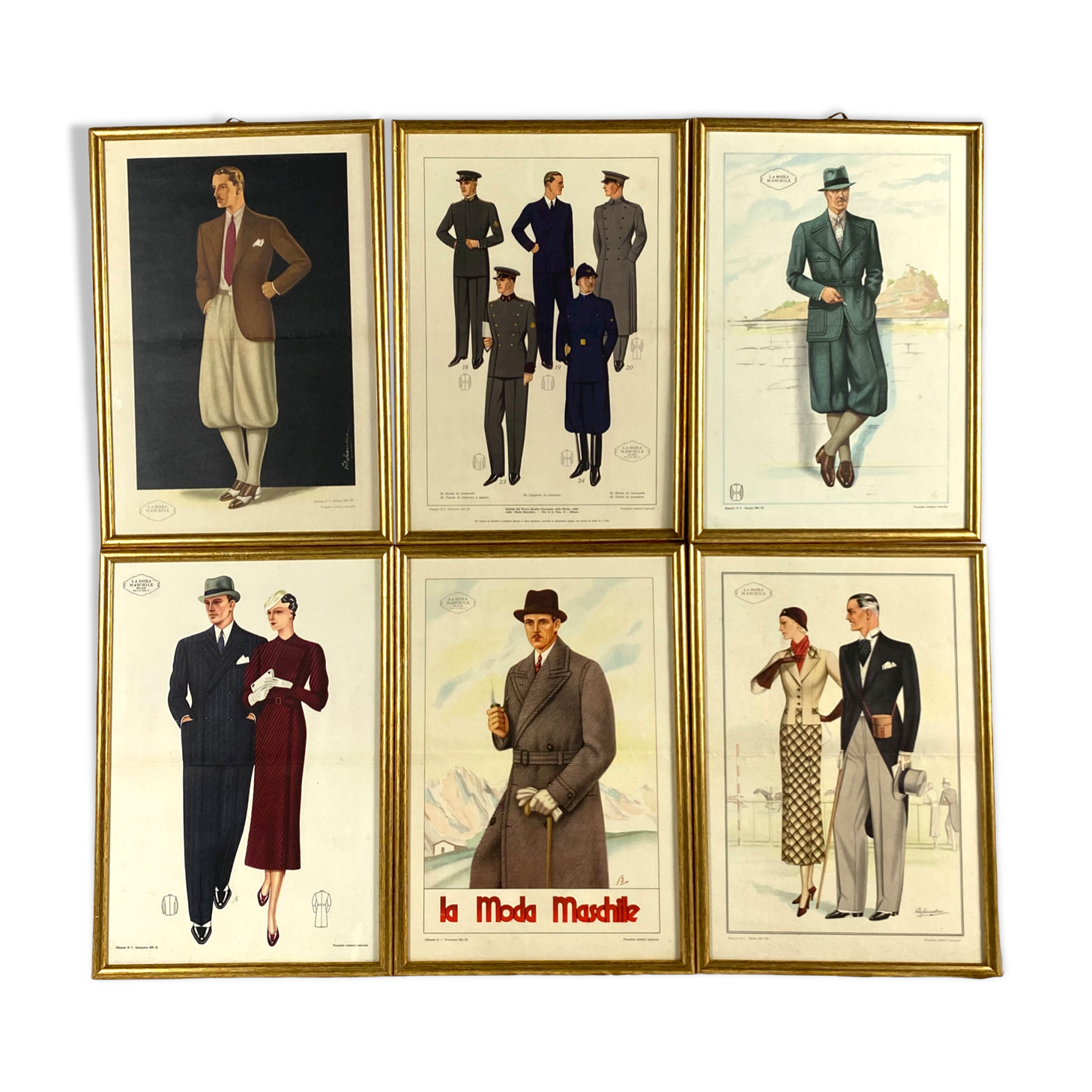 'La Moda Maschile', Set of 6 framed original illustrations of men's fashion from the 30s, Italy 1930