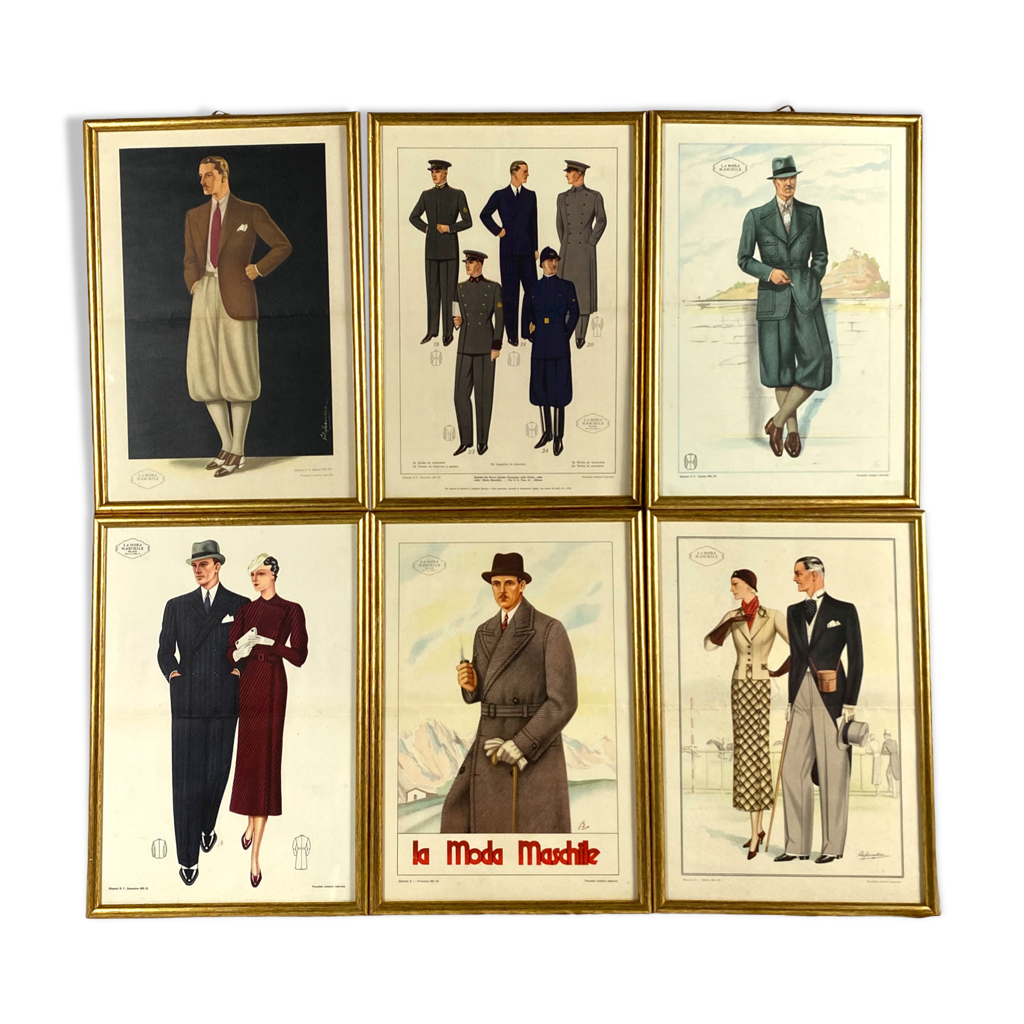 Ensemble de illustrations originales encadrées de la mode masculine des  années 30, Italie 1930